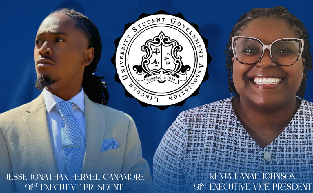 Jesse Canamore and Kenja Johnson, 91st SGA President and Vice President, with Lincoln University seal in center.