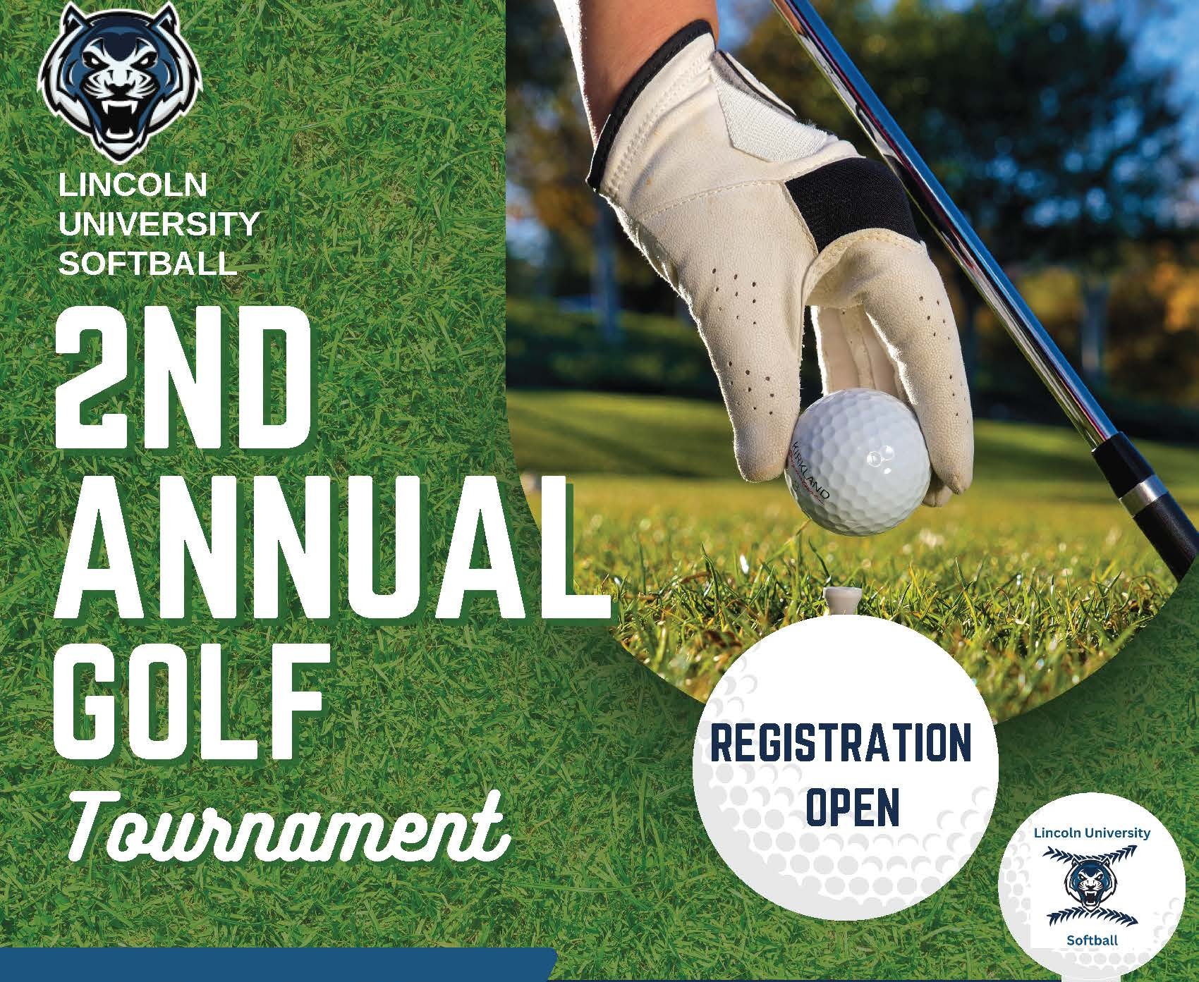 Lincoln University Softball 2nd Annual Golf Tournament flyer with image of a gloved hand placing a golf ball on a tee.