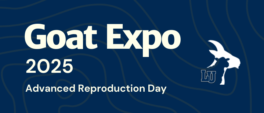 Goat Expo 2025 – Advanced Reproduction Day with goat silhouette and LU logo on a blue contour map background.
