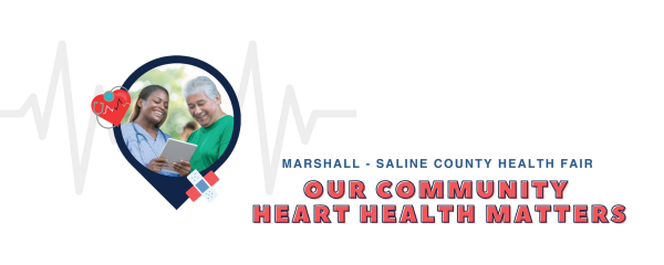 "Marshall - Saline County Health Fair - Our Community Heart Health Matters" with heartbeat graphic containing photo of medical professional and patient.