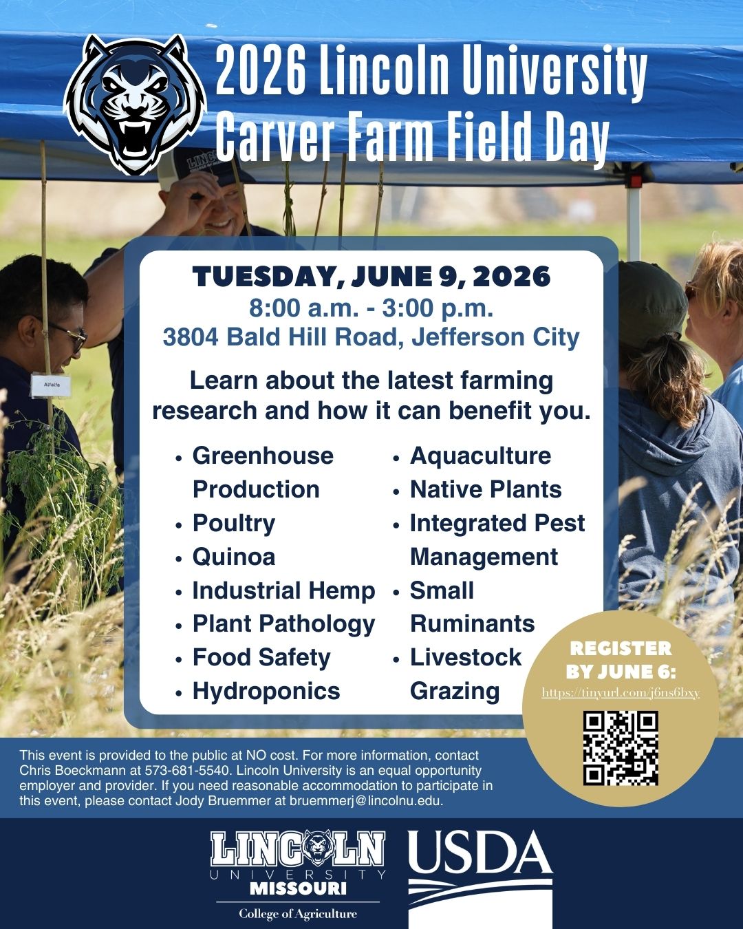 Event flyer for 2026 Lincoln University Carver Farm Field Day on June 9, 2026. All text and details included below.