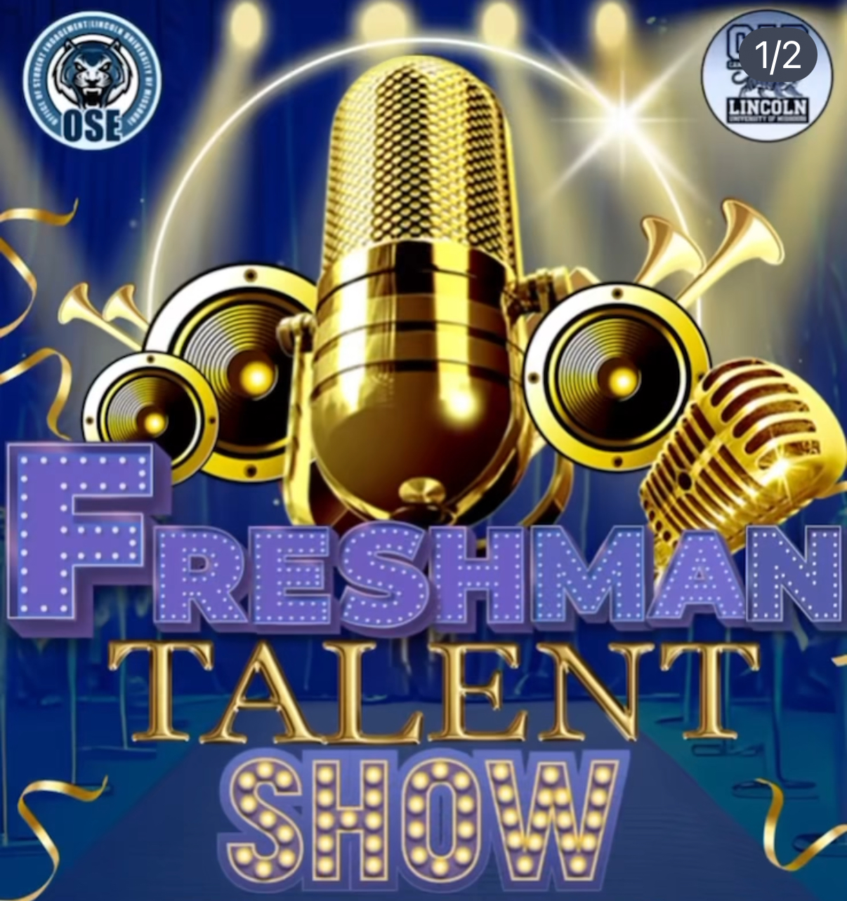 Freshman Talent Show title with large gold microphones, speakers, and spotlights on a blue stage-themed background.