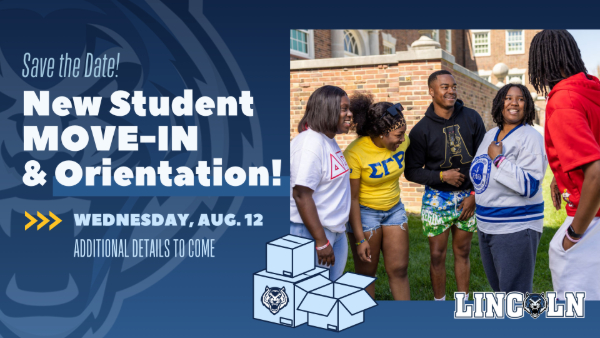 Save the Date: New Student Move-In & Orientation, Wednesday Aug. 12, with students socializing on campus lawn.