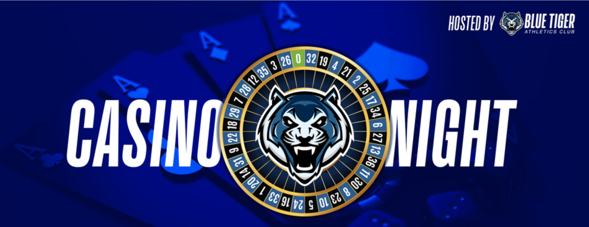 Blue Tiger Athletics Casino Night graphic with playing cards and roulette wheel