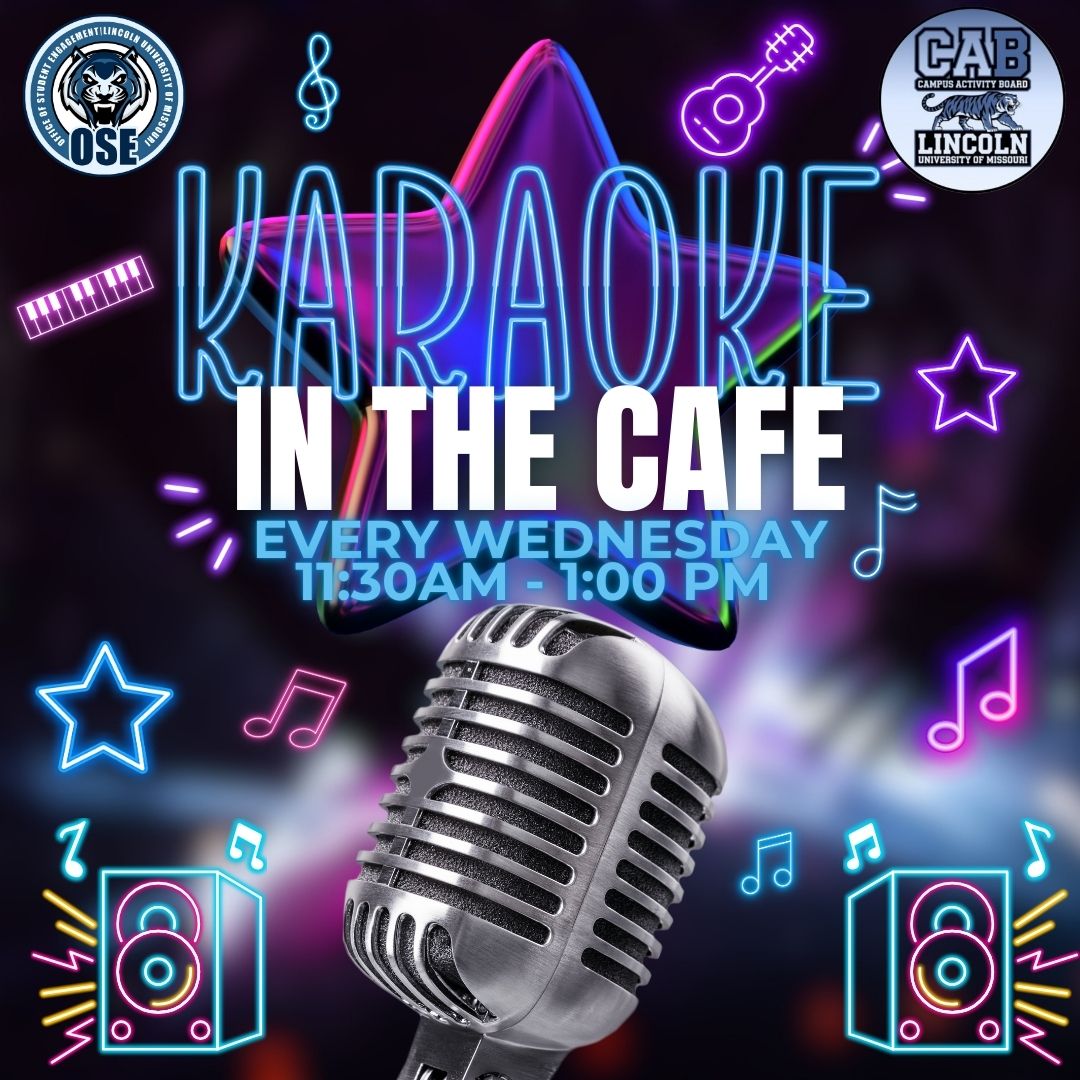 Neon-themed flyer with microphone reads “Karaoke in the Cafe, Every Wednesday, 11:30 AM–1:00 PM” with music icons.