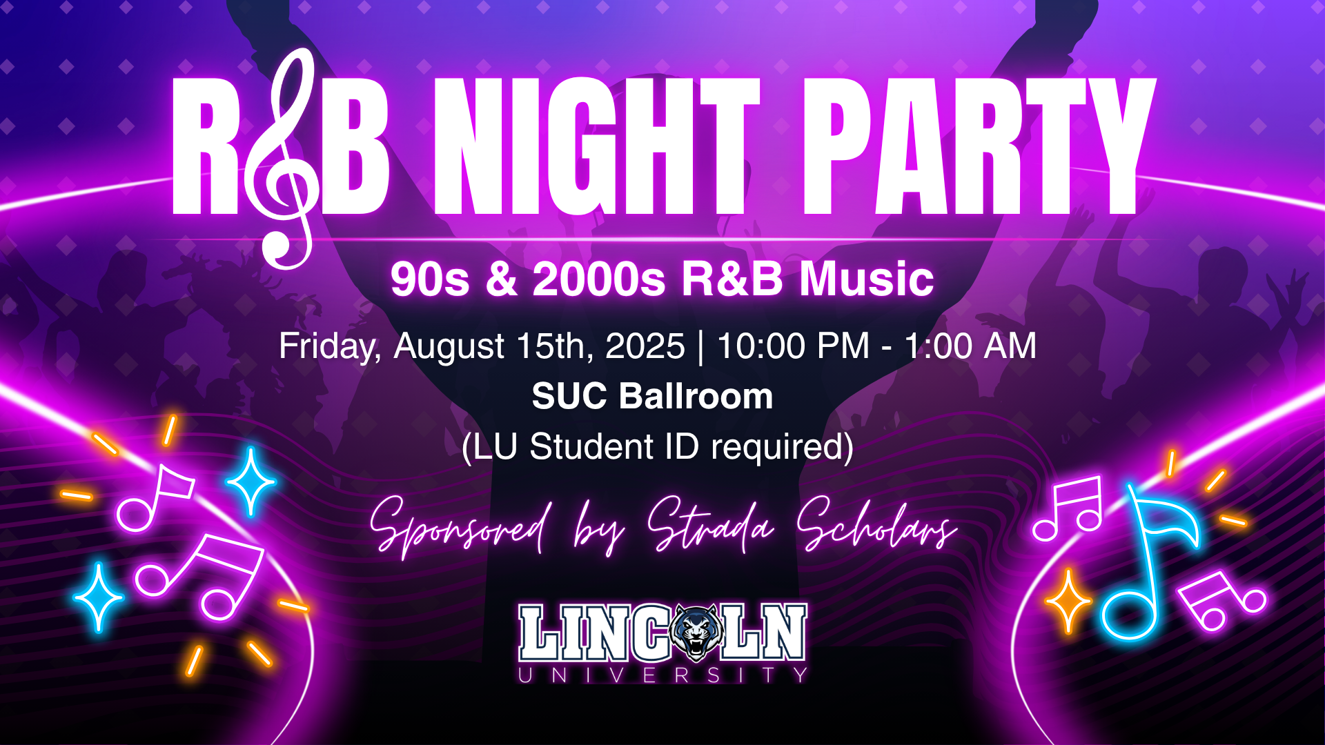 R\&B Night Party title in bold neon-style text with music notes, lights, and silhouettes of people dancing in the background.