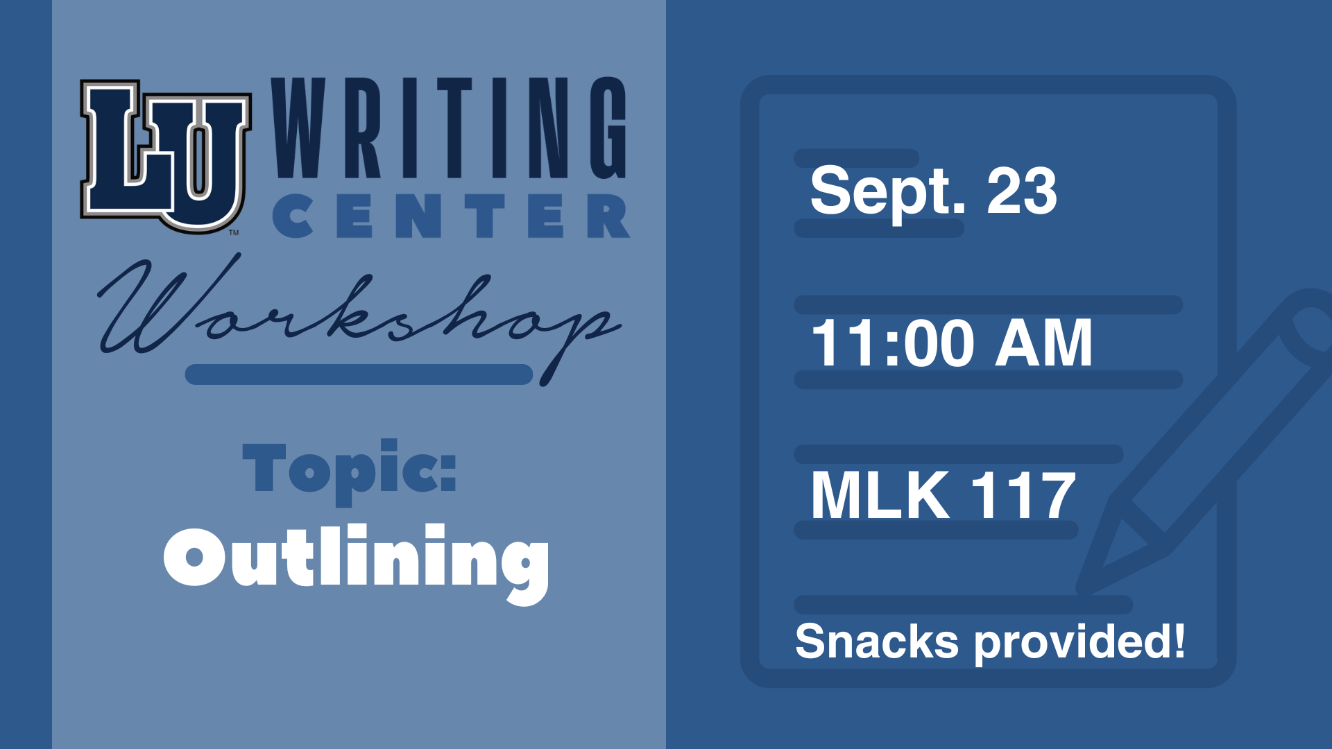 Writing Center Workshop graphic with details & topic in blue tones