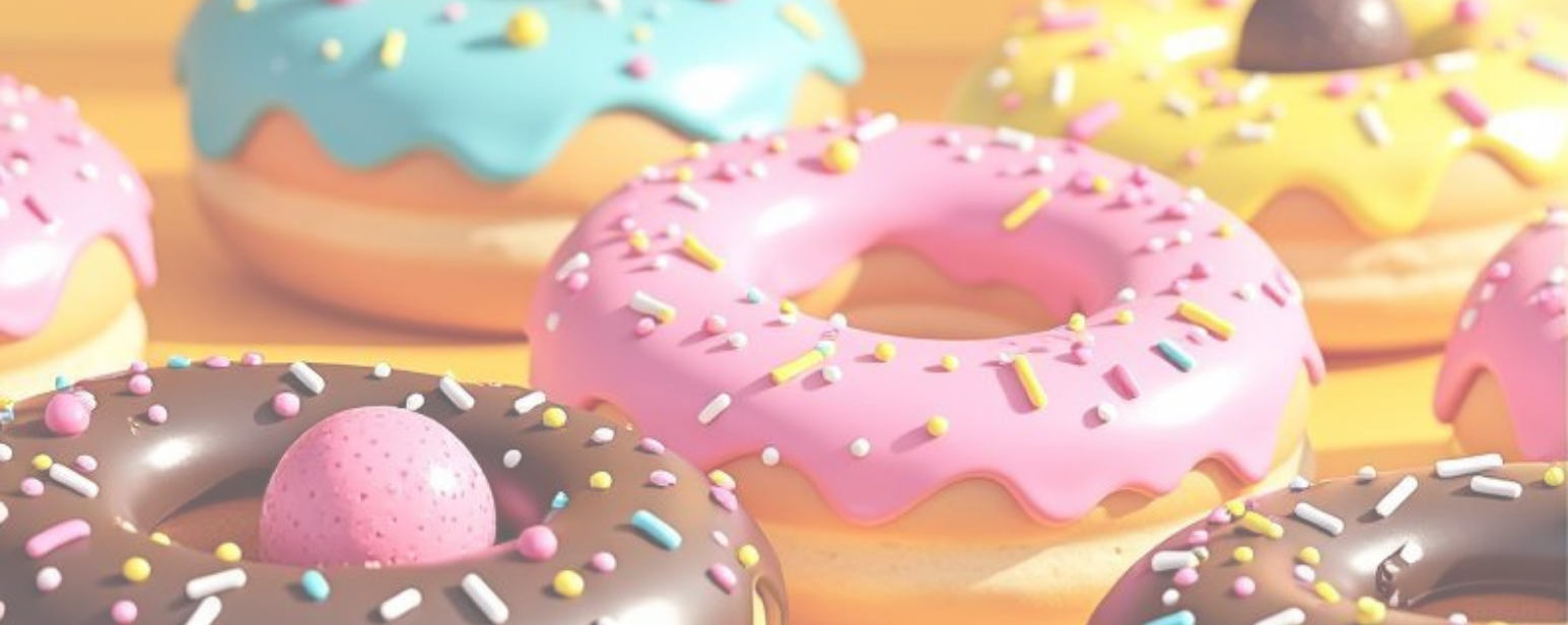 Colorful donuts with pink, blue, yellow, and chocolate icing topped with sprinkles and candy decorations.