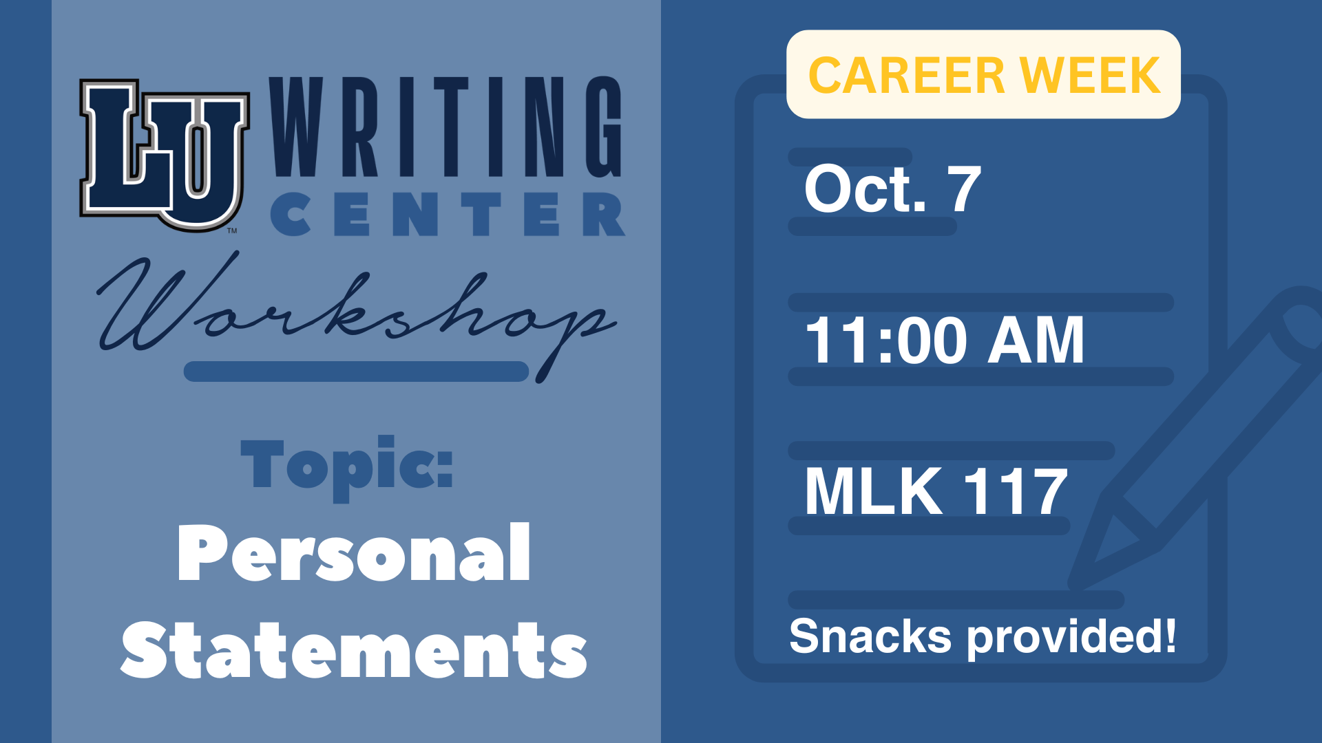 Writing Center Workshop graphic with details & topic in blue tones