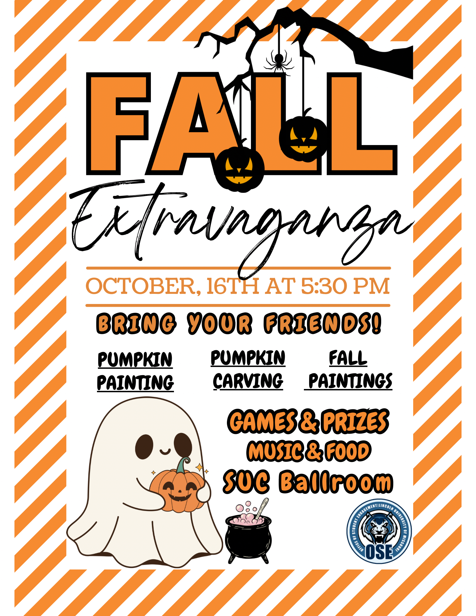 Flyer for Fall Extravaganza on October 16 at 5:30 PM in the SUC Ballroom with games, prizes, music, food, and pumpkin activities.