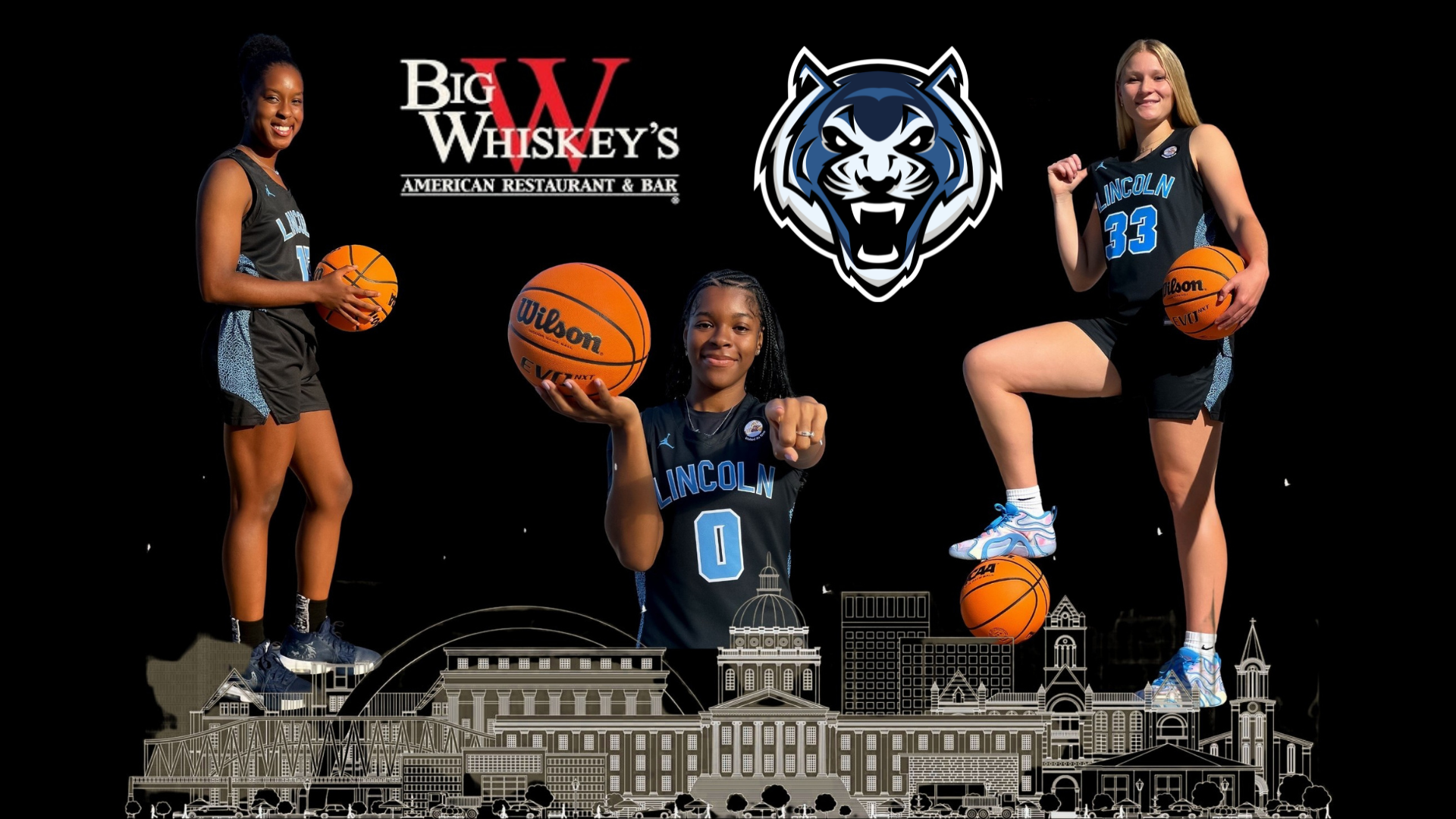 Lincoln University women’s basketball players pose with basketballs; Big Whiskey’s logo and LU tiger logo above cityscape.