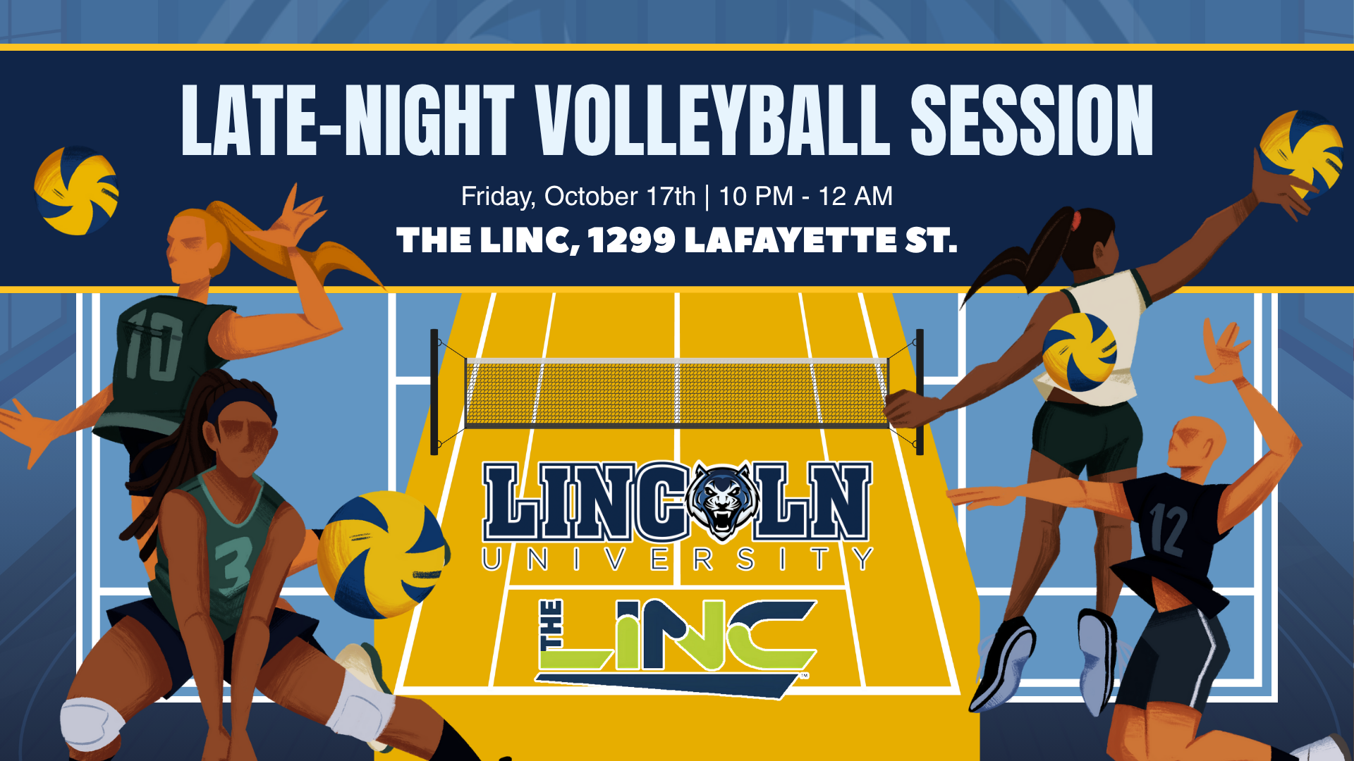 Graphic promoting Late-Night Volleyball Session on Oct. 17, 10 PM–12 AM at The LINC, with illustrated players.