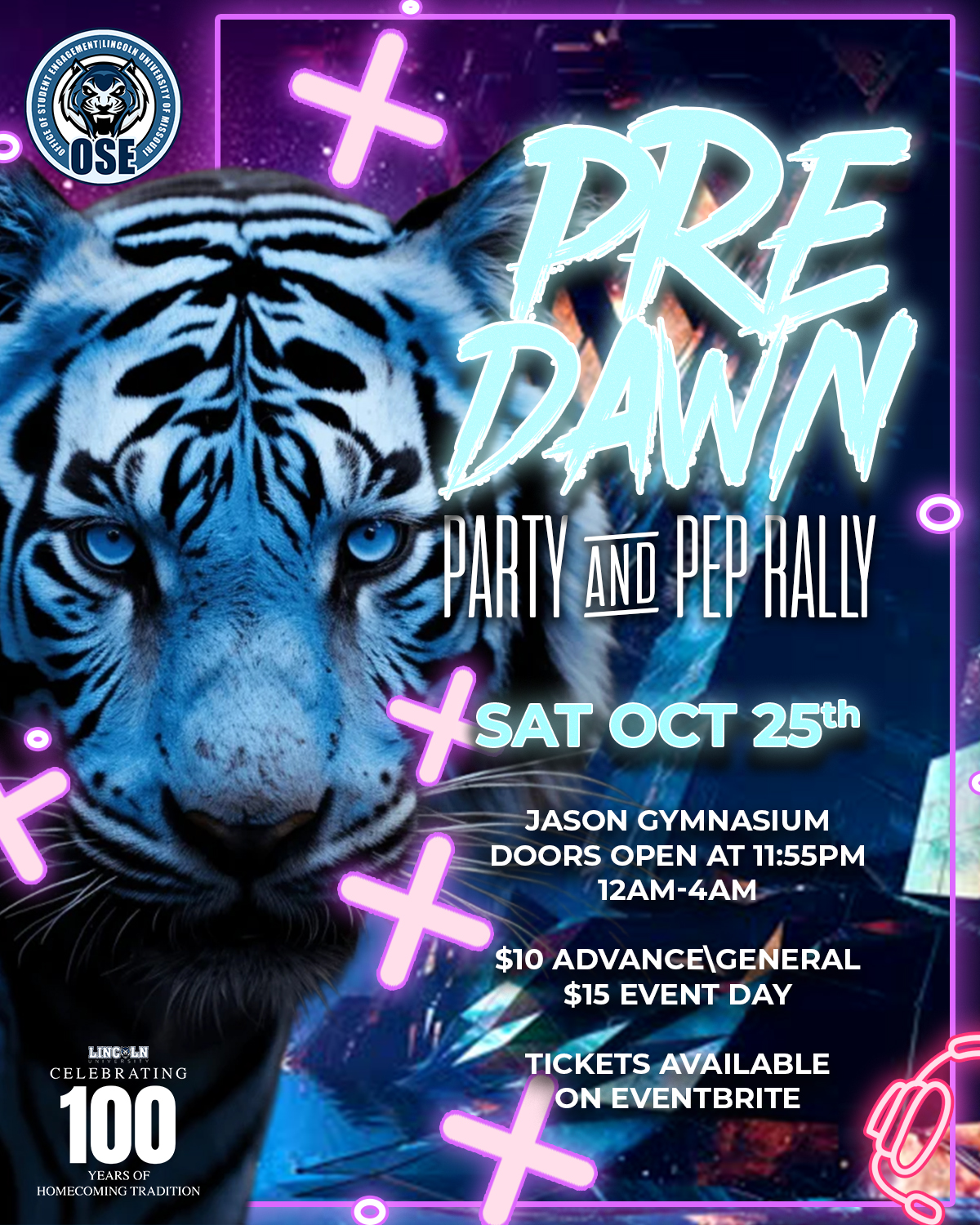 Flyer for Lincoln University’s Pre-Dawn Party and Pep Rally on Oct. 25, 11:55pm–4 a.m. at Jason Gym. Tickets on Eventbrite.