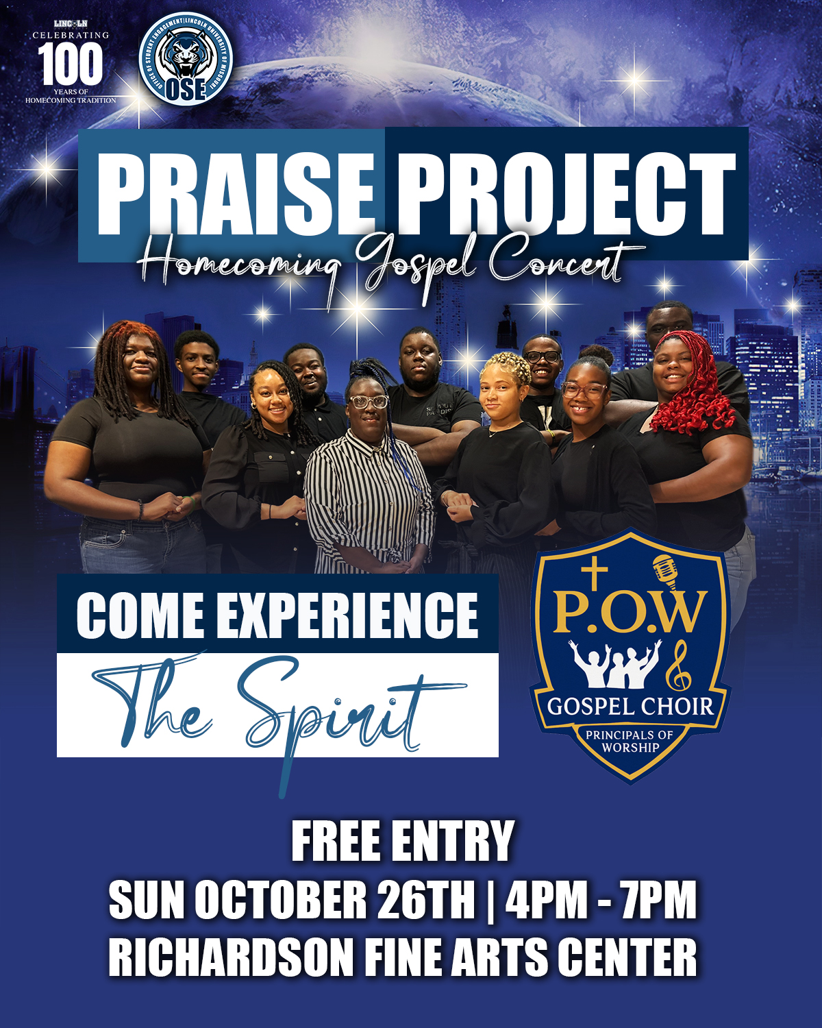 Flyer for Praise Project Homecoming Gospel Concert. Come Experience The Spirit. P.O.W. Gospel Choir - Principals of Worship with photo of choir members and event details.