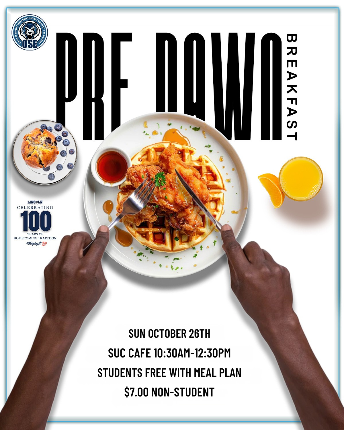 Flyer for Pre-Dawn Breakfast on Sunday, Oct. 25 at SUC Cafe, 10:30am-12:30pm with photo of hands cutting waffle