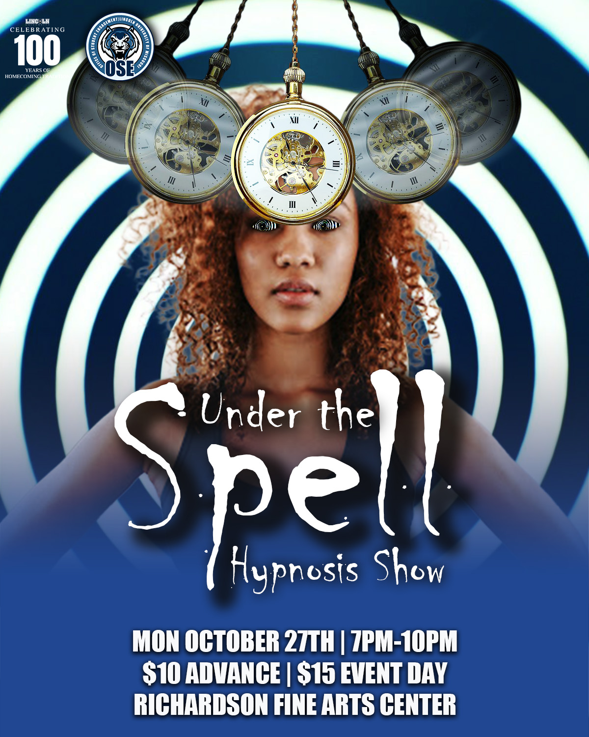 Flyer for “Under the Spell” Hypnosis Show, Oct. 27, 7–10 p.m. at Richardson Fine Arts Center, tickets $10–$15.