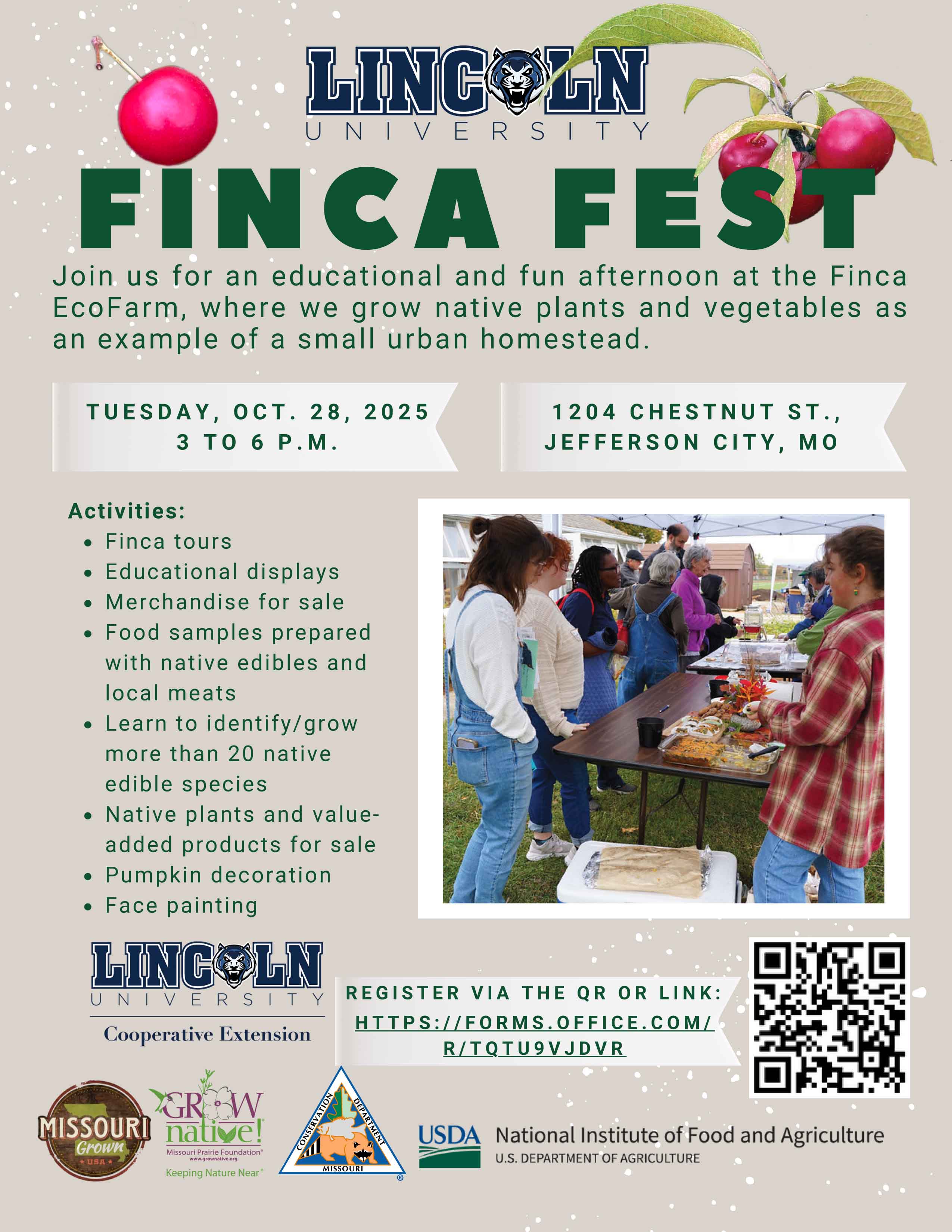 Flyer for Lincoln University’s FINCA Fest on Oct. 28 featuring tours, food, native plants, and family activities.