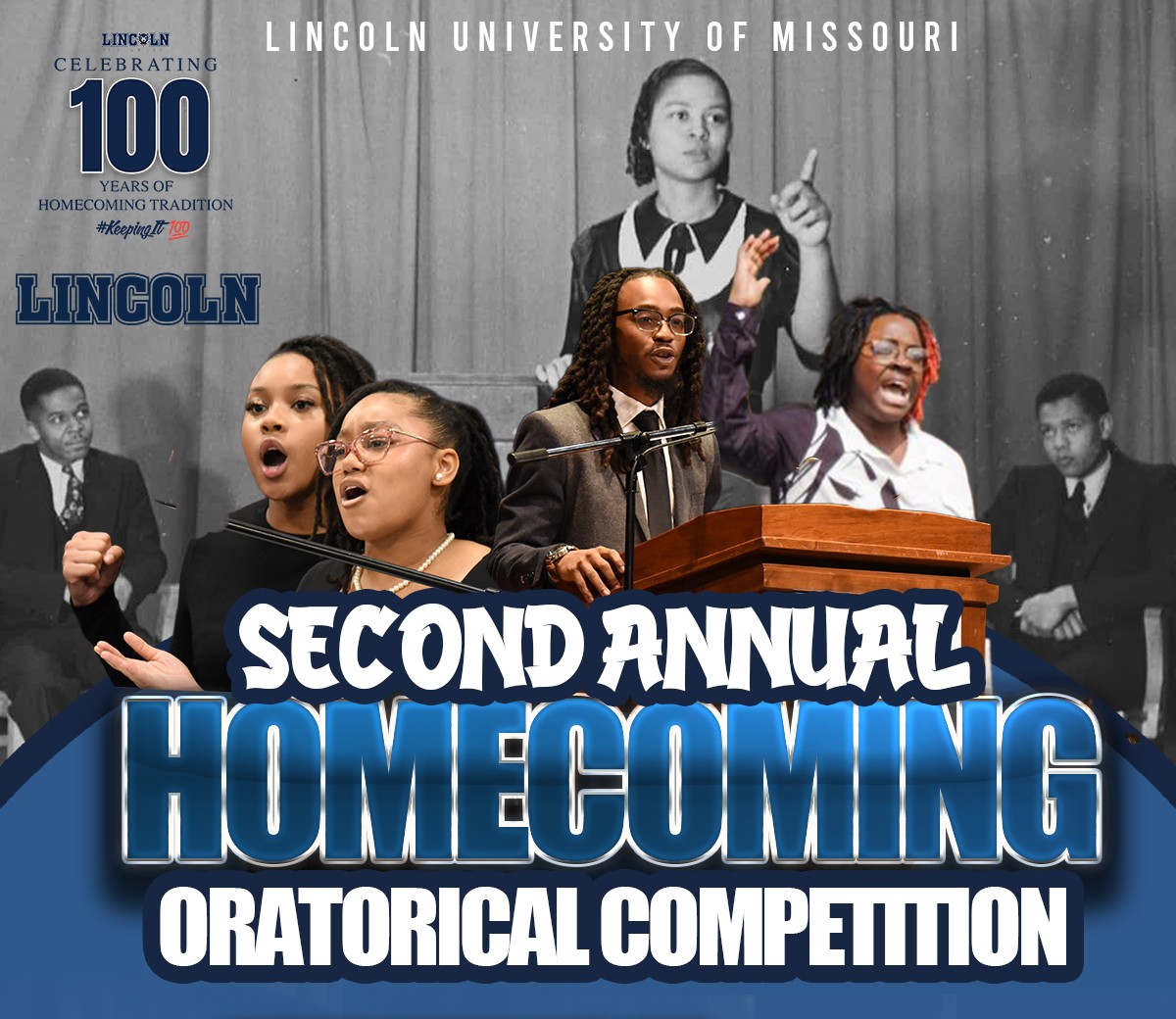 A flyer for Lincoln University of Missouri’s Second Annual Homecoming Oratorical Competition featuring photos of students passionately speaking at a podium.