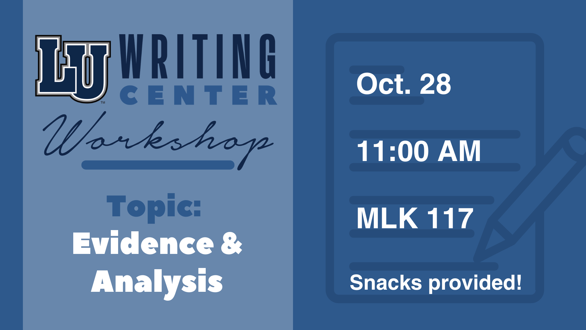 Writing Center Workshop graphic with details & topic in blue tones