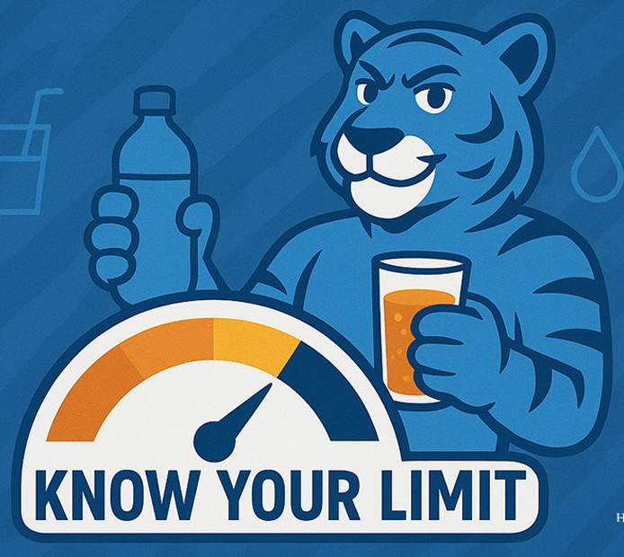 Cartoon blue tiger depicted with bottle, glass and gauge with text "Know Your Limit"