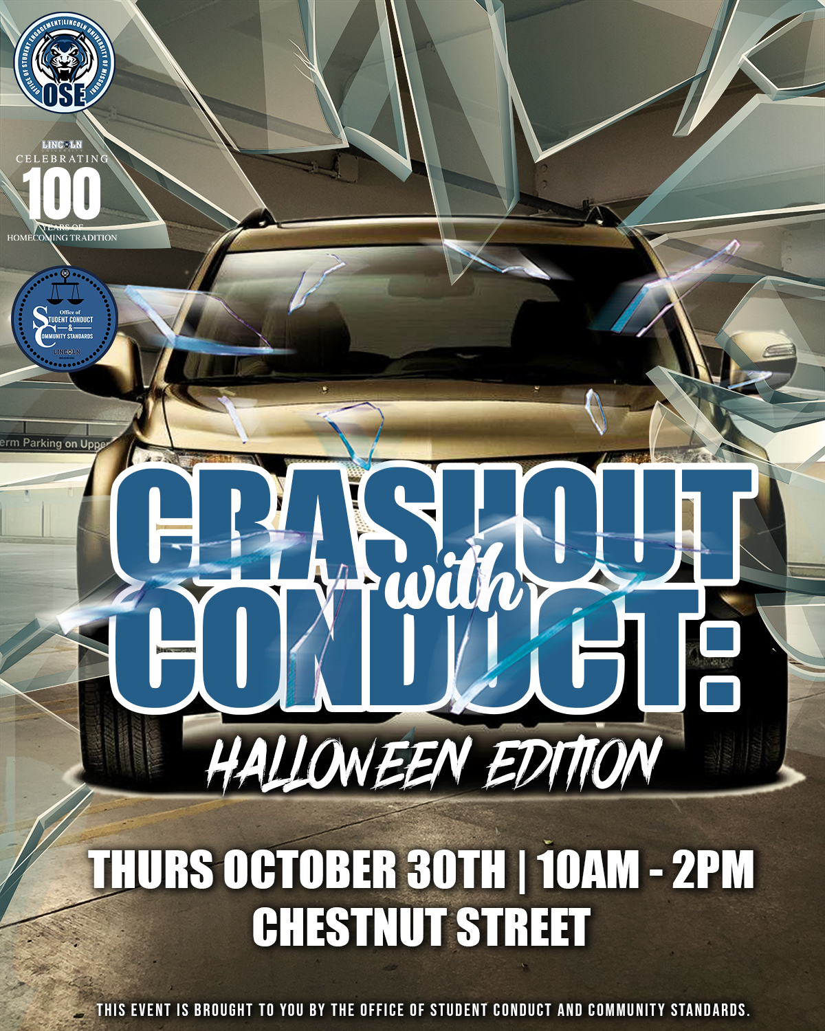 Crashout with Conduct: Halloween Edition flyer. Thurs., Oct. 30, 10AM-2PM, Chestnut St.