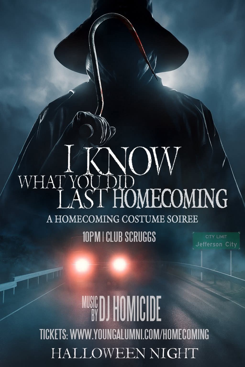 “I Know What You Did Last Homecoming” flyer for a Homecoming Costume Soirée on Halloween Night at 10 p.m. in Club Scruggs, featuring music by DJ Homicide.