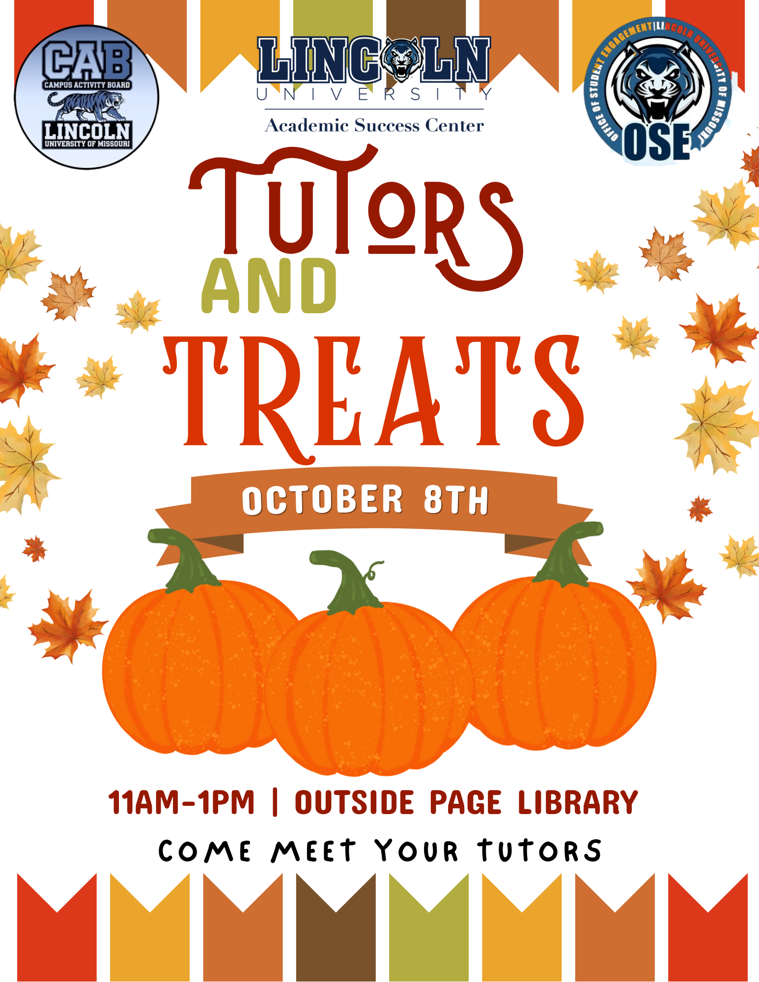 Lincoln University flyer for “Tutors and Treats” on Oct. 8, 11AM–1PM outside Page Library. Meet your tutors.