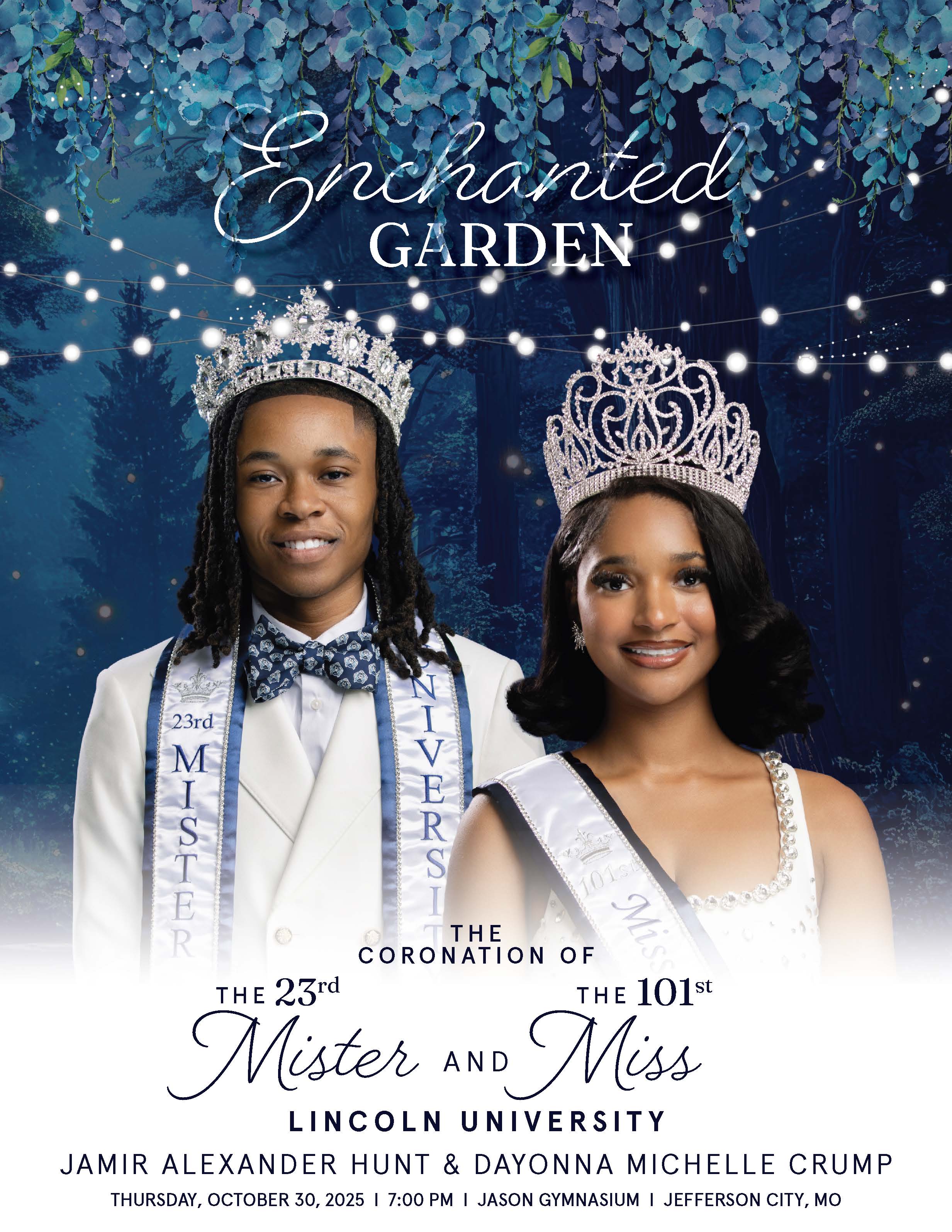 Graphic for the Enchanted Garden - The Coronation of Mister & Miss Lincoln University with their photos and event details.