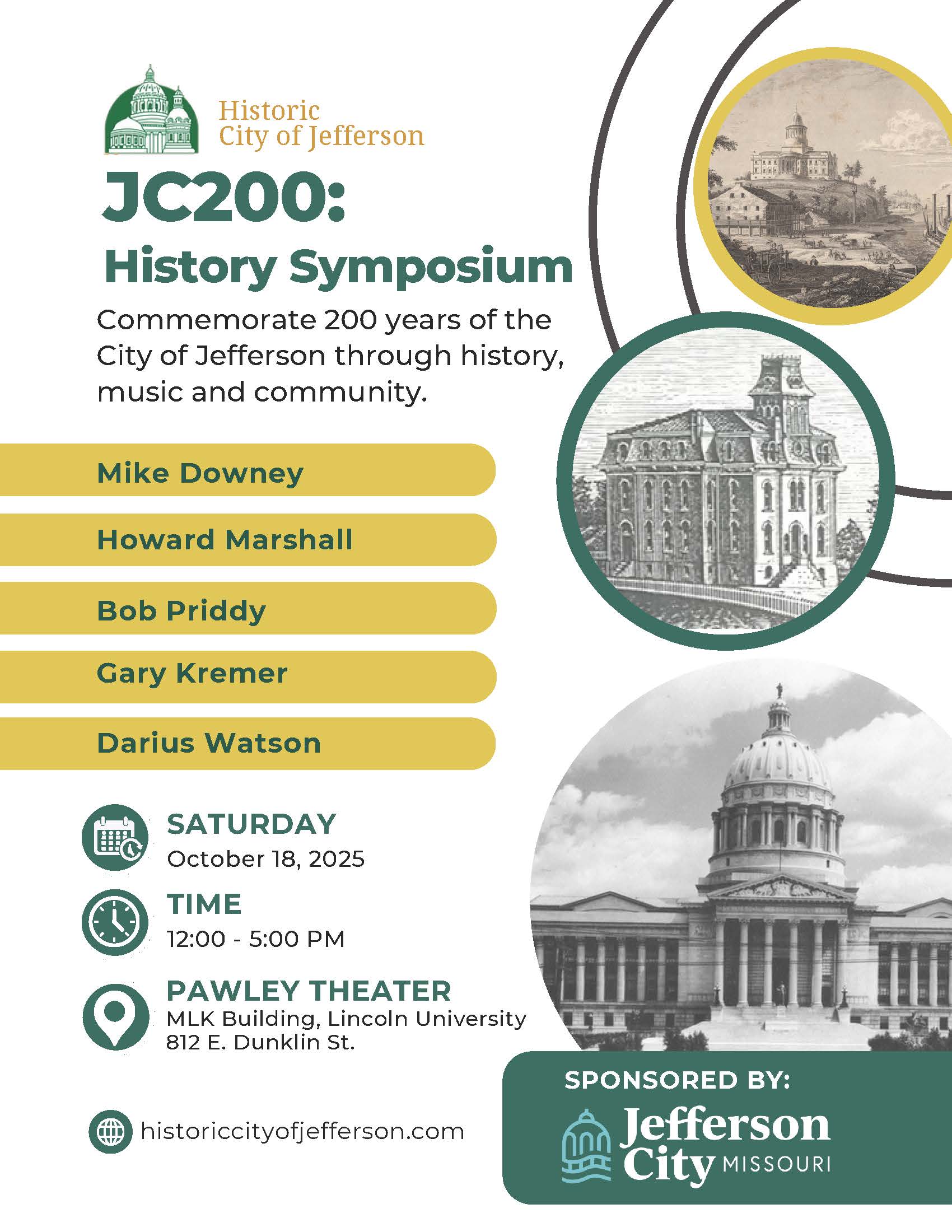 Flyer for JC200 History Symposium celebrating Jefferson City’s 200th anniversary with speakers, music, and community events.