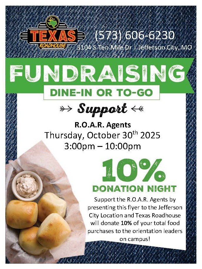 Flyer for Texas Roadhouse fundraiser for ROAR Agents on Oct. 30, 2025.