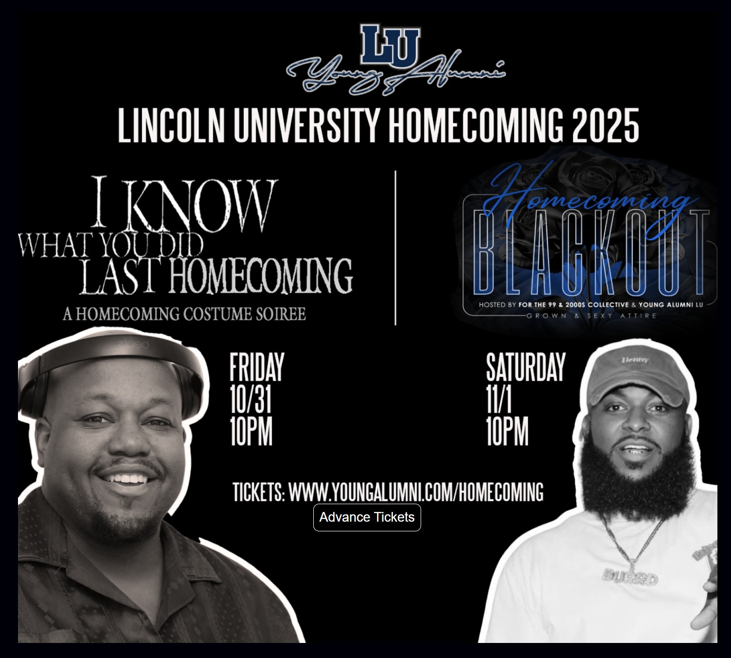 Lincoln University Young Alumni Homecoming 2025 flyer with costume and blackout party details for Oct. 31 and Nov. 1.