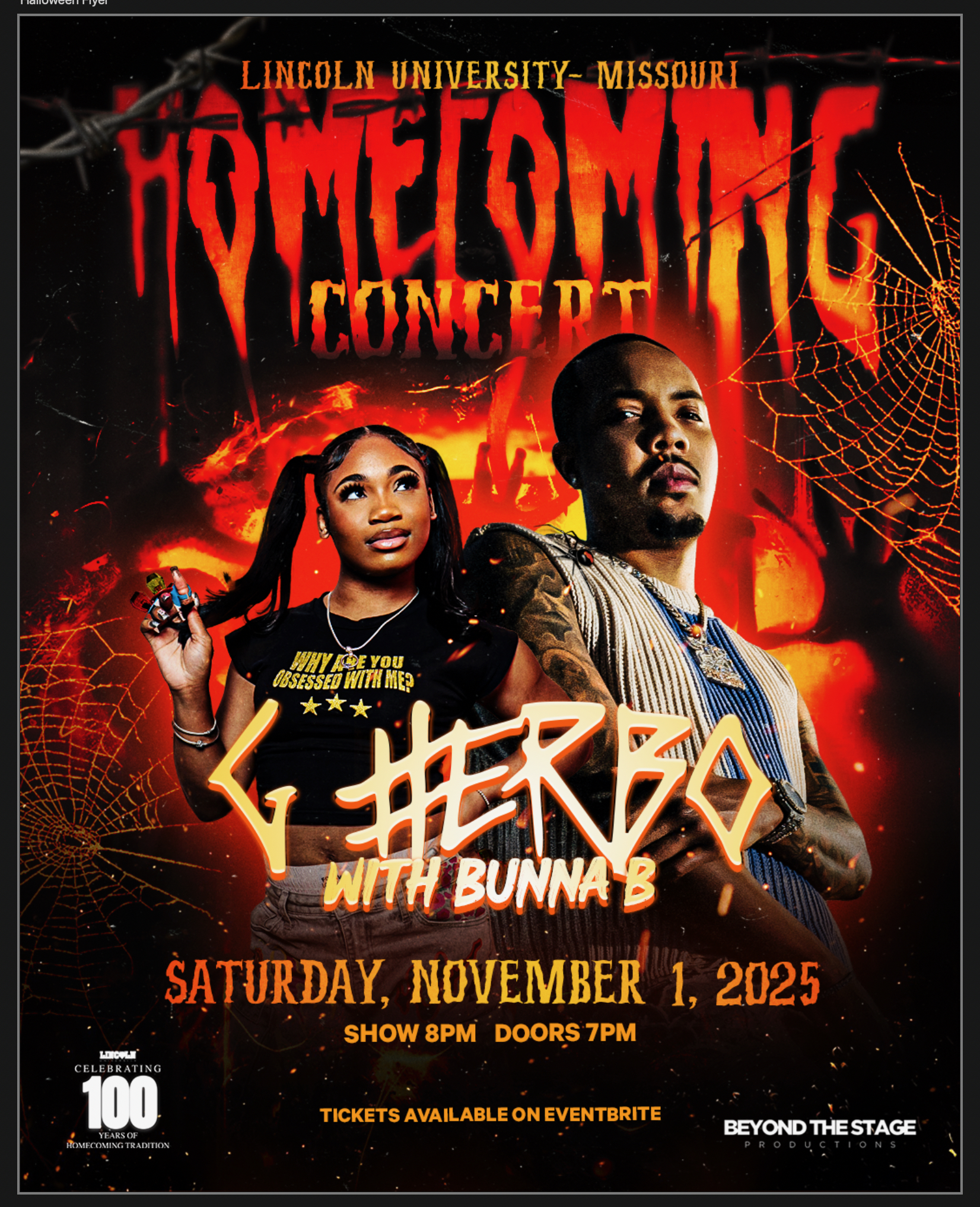 Lincoln University Homecoming Concert with G Herbo and Bunna B, Nov. 1, 2025, 8 PM. Tickets on Eventbrite.