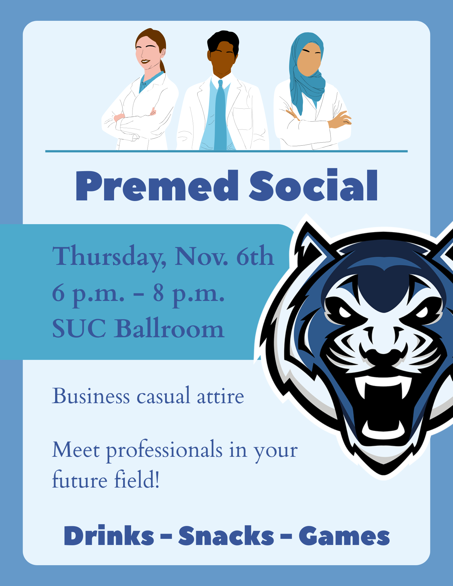 LU Premed Social event flyer with graphic of medical professionals and Blue Tiger logo. Full details below.