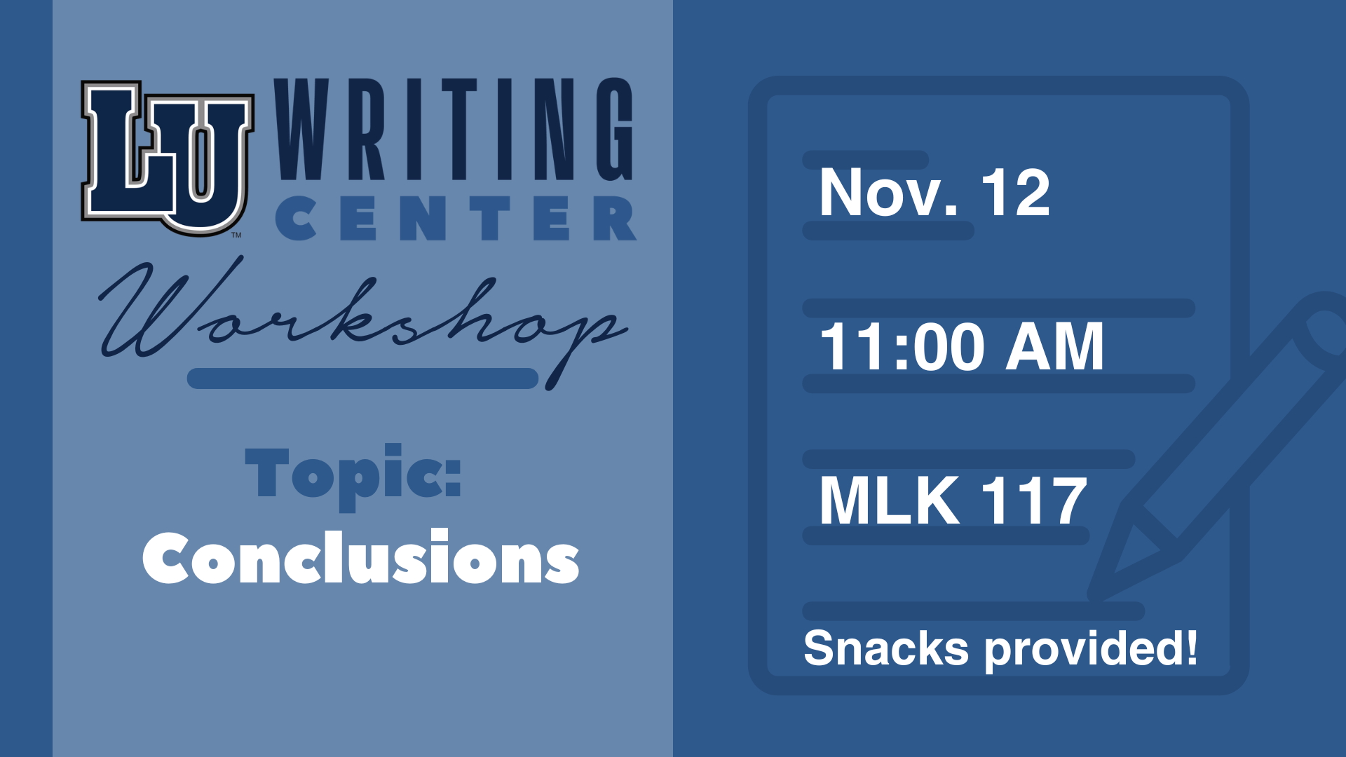 Writing Center Workshop graphic with details & topic in blue tones