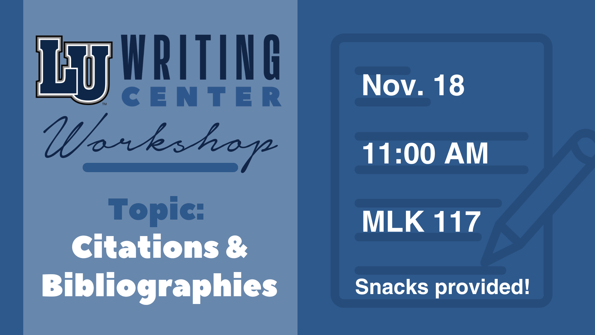 Writing Center Workshop graphic with details & topic in blue tones