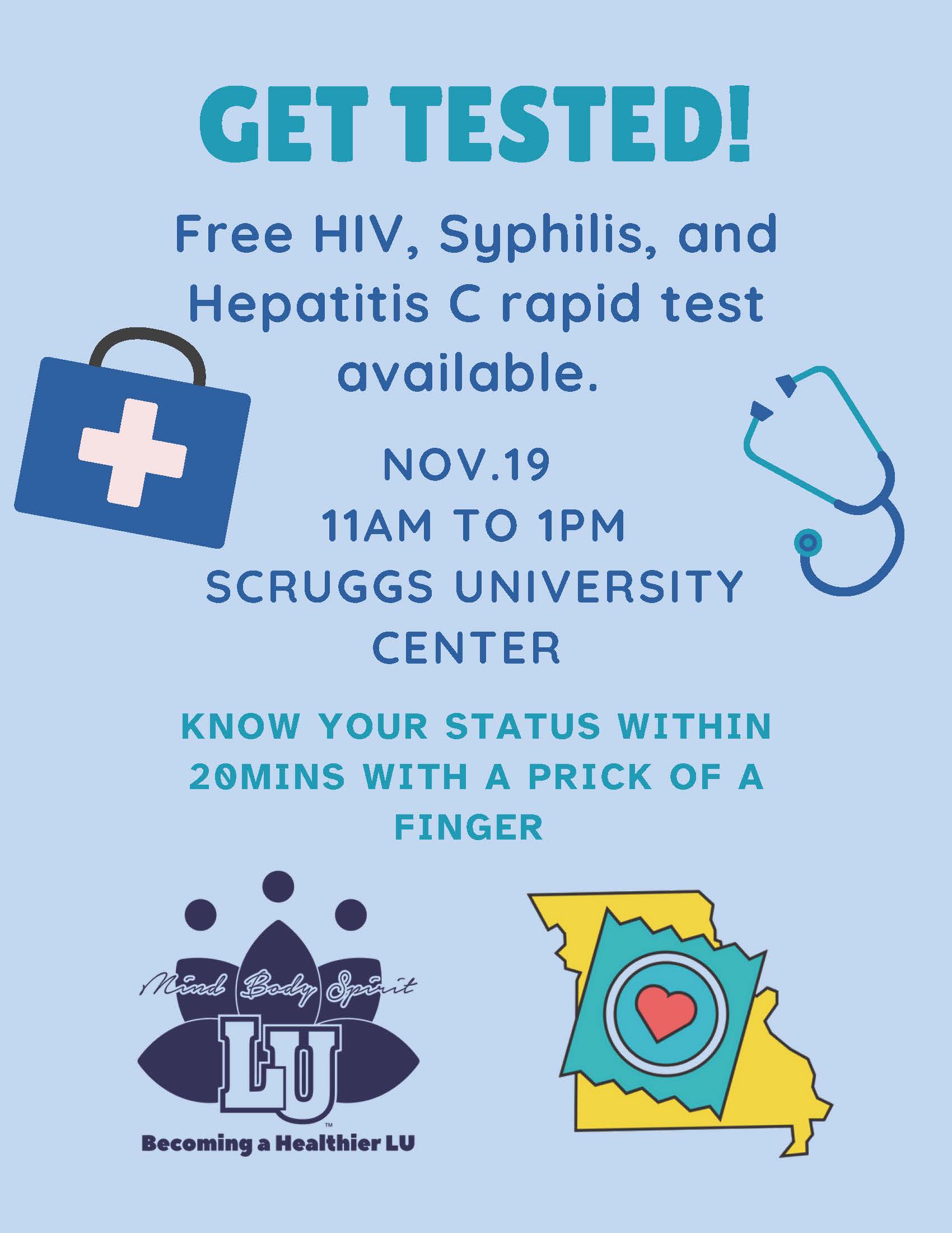Flyer for free STD testing event (HIV, syphilis, hepatitis C rapid tests) Nov. 19, 11am-1pm, SUC