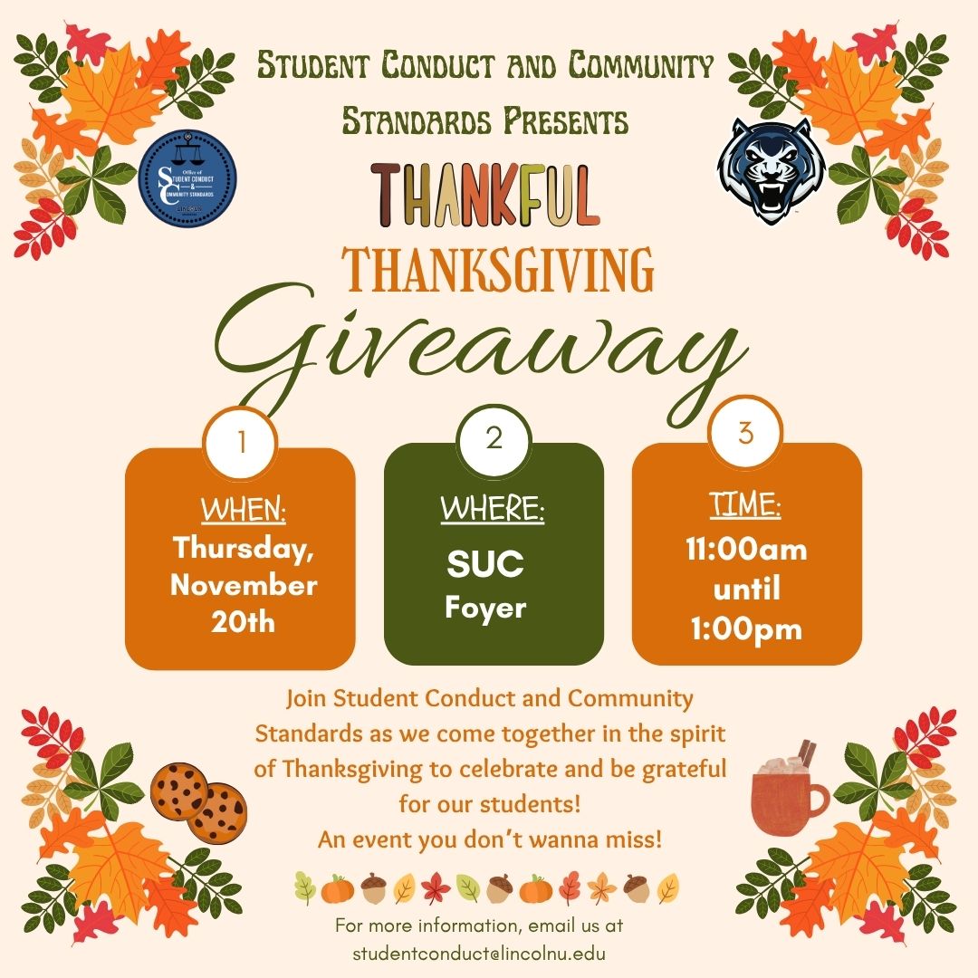 Event flyer for Student Conduct's Thankful Thanksgiving Giveaway event. Details in text below.