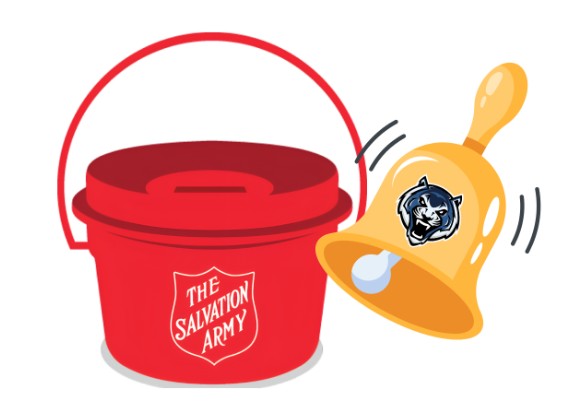 Salvation Army Red Kettle Campaign bucket and bell graphic with Blue Tiger logo