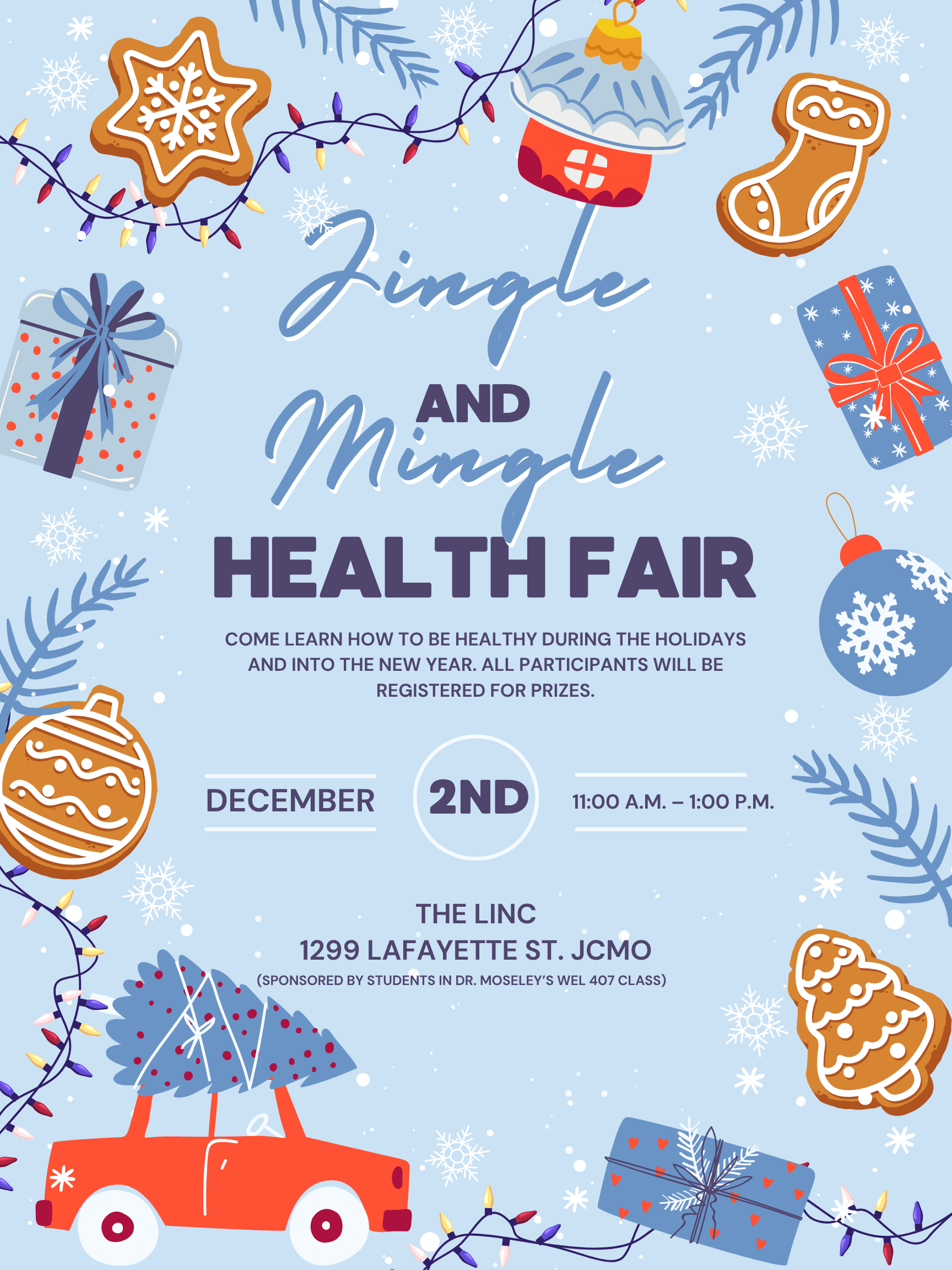 Holiday-themed “Jingle and Mingle Health Fair” flyer with event date, time, location, and festive icons like gifts, cookies, and lights.