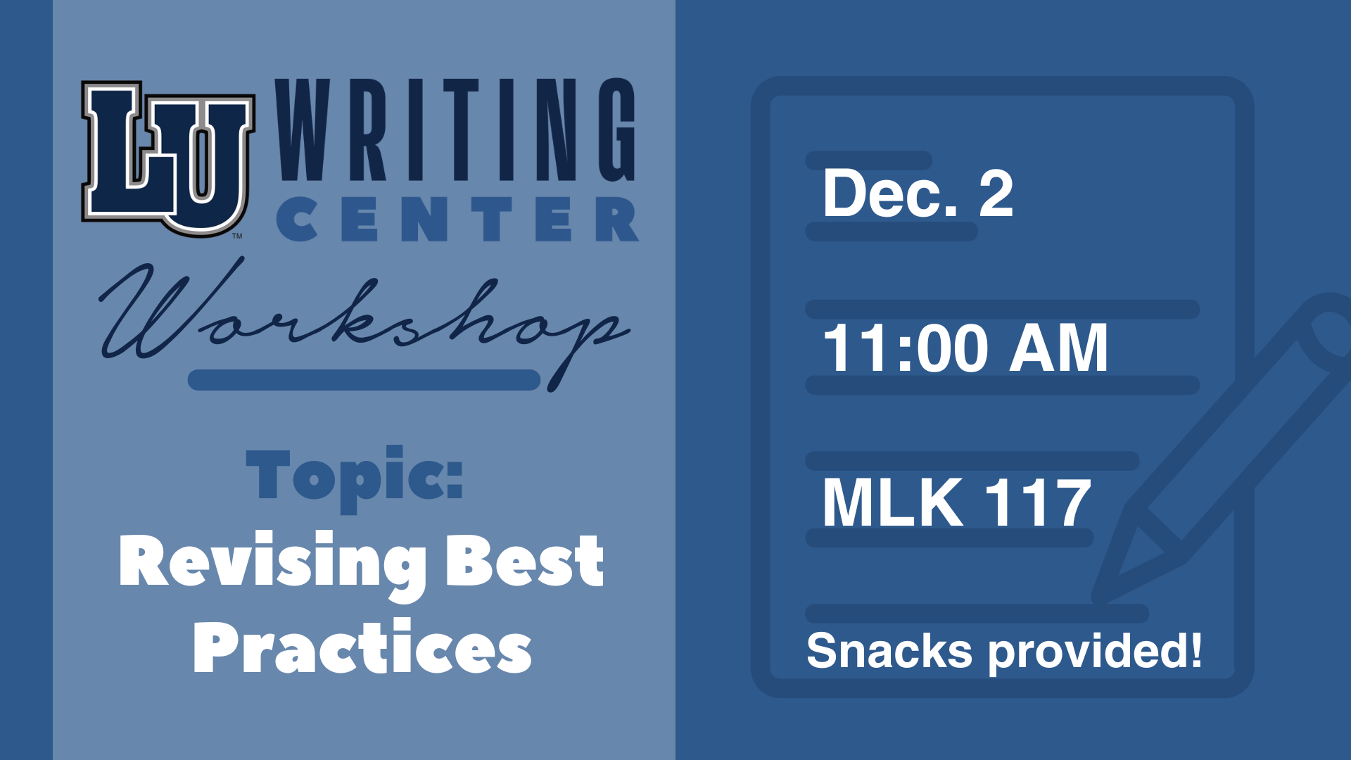 Writing Center Workshop graphic with details & topic in blue tones
