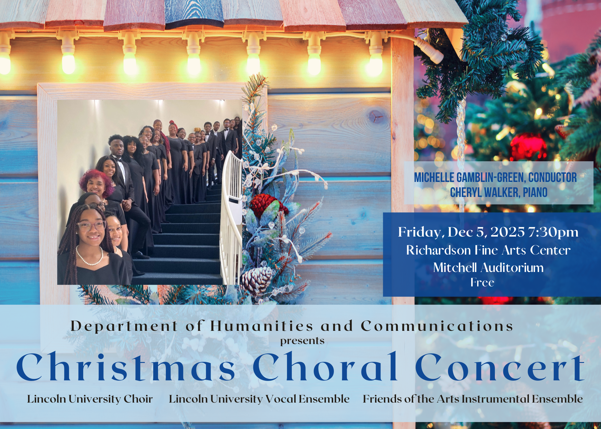 Flyer for Lincoln University Christmas Choral Concert on Dec. 5, 2025, featuring choir, vocal, and instrumental ensembles.