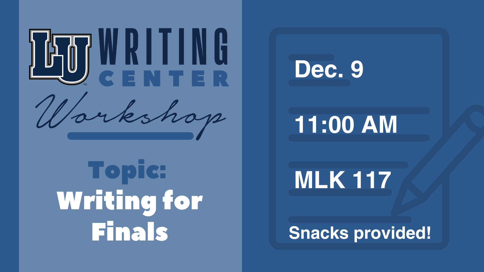 Writing Center Workshop graphic with details & topic in blue tones
