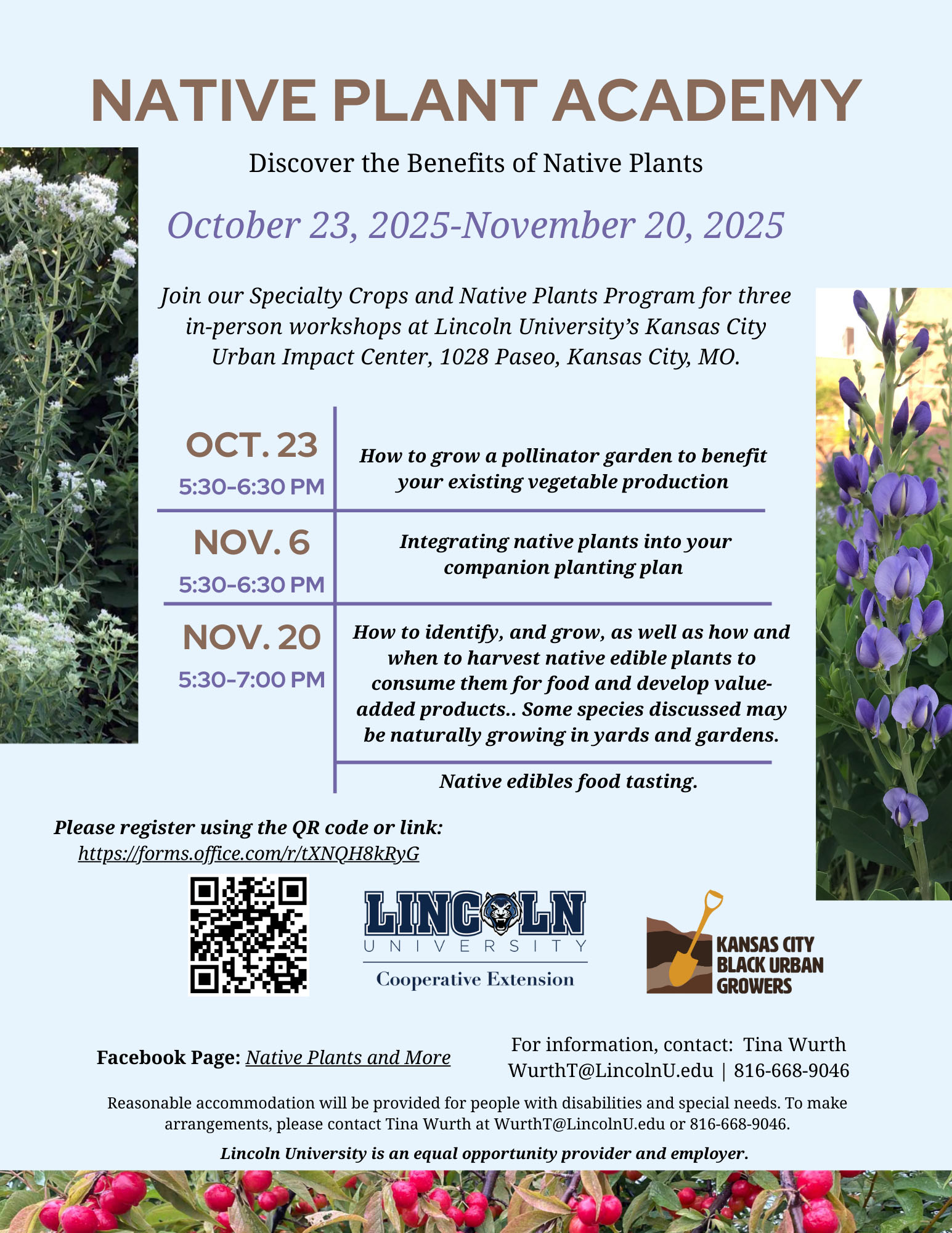 Flyer for LU Native Plant Academy events in Oct. & Nov. 2025. Full text below.