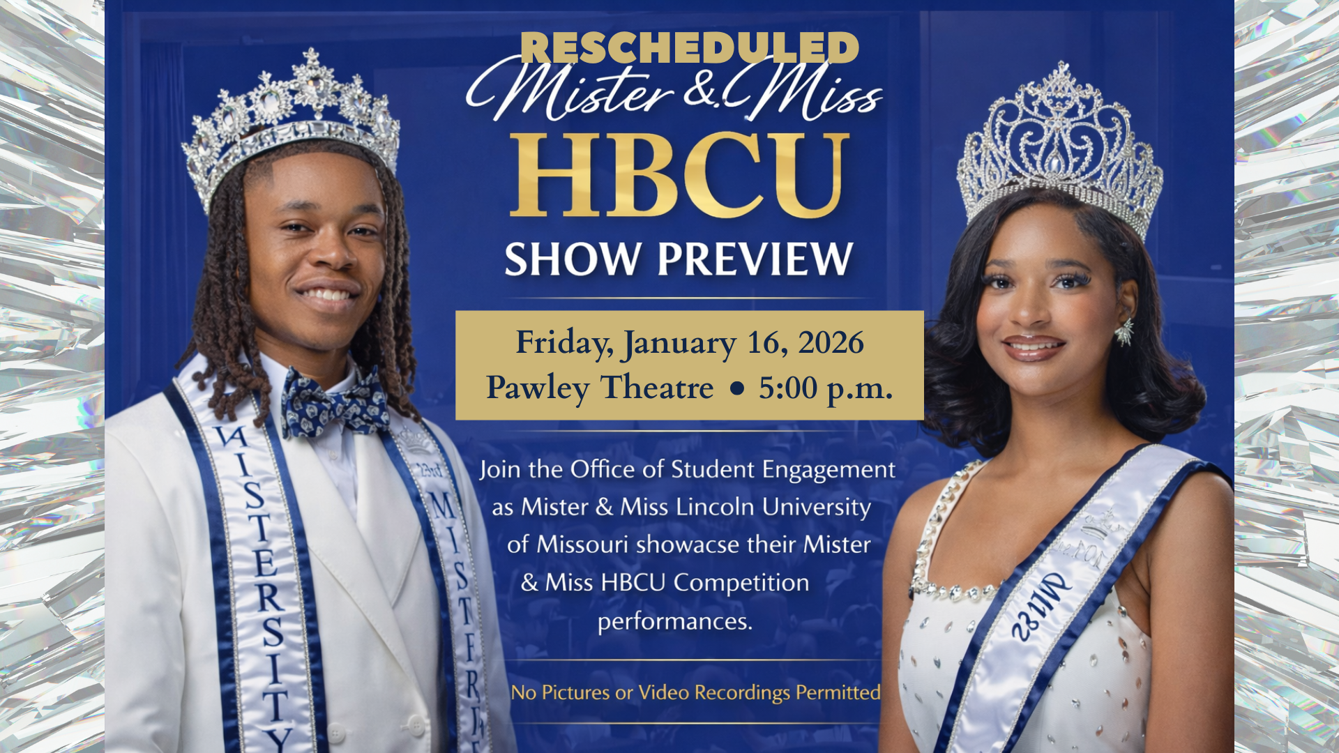 Flyer featuring Mister and Miss HBCU wearing crowns and sashes, promoting the Mister & Miss HBCU Show Preview on Jan. 16, 2026.