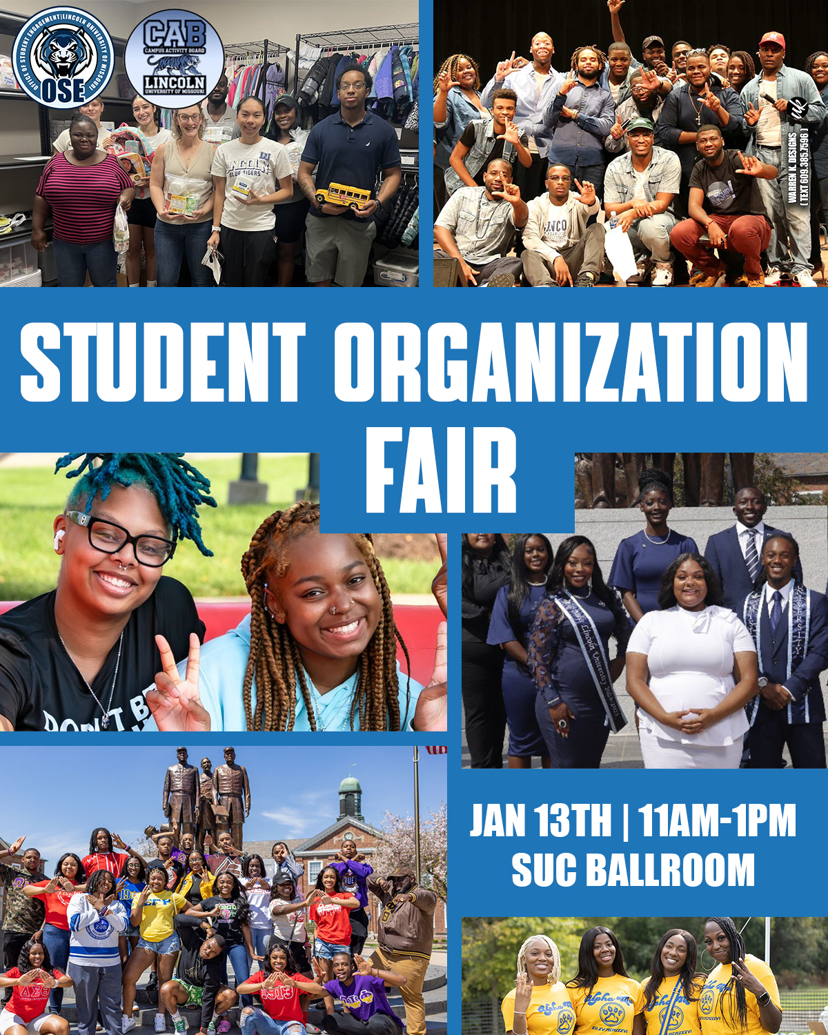 Student Organization Fair event flyer with photos of various student groups. Jan. 13, 11AM-1PM, SUC Ballroom