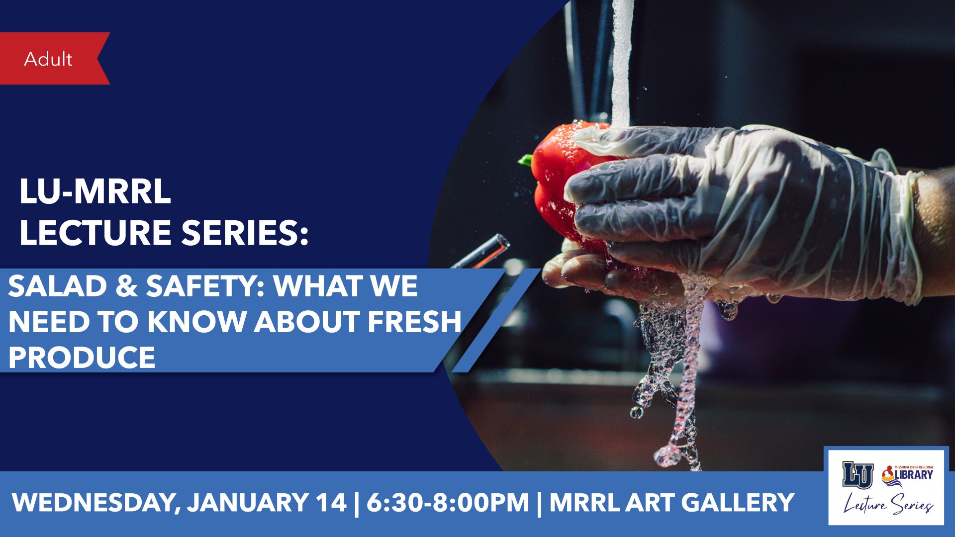 Graphic for Lecture Series event with topic, event details and photo of person washing a red pepper.