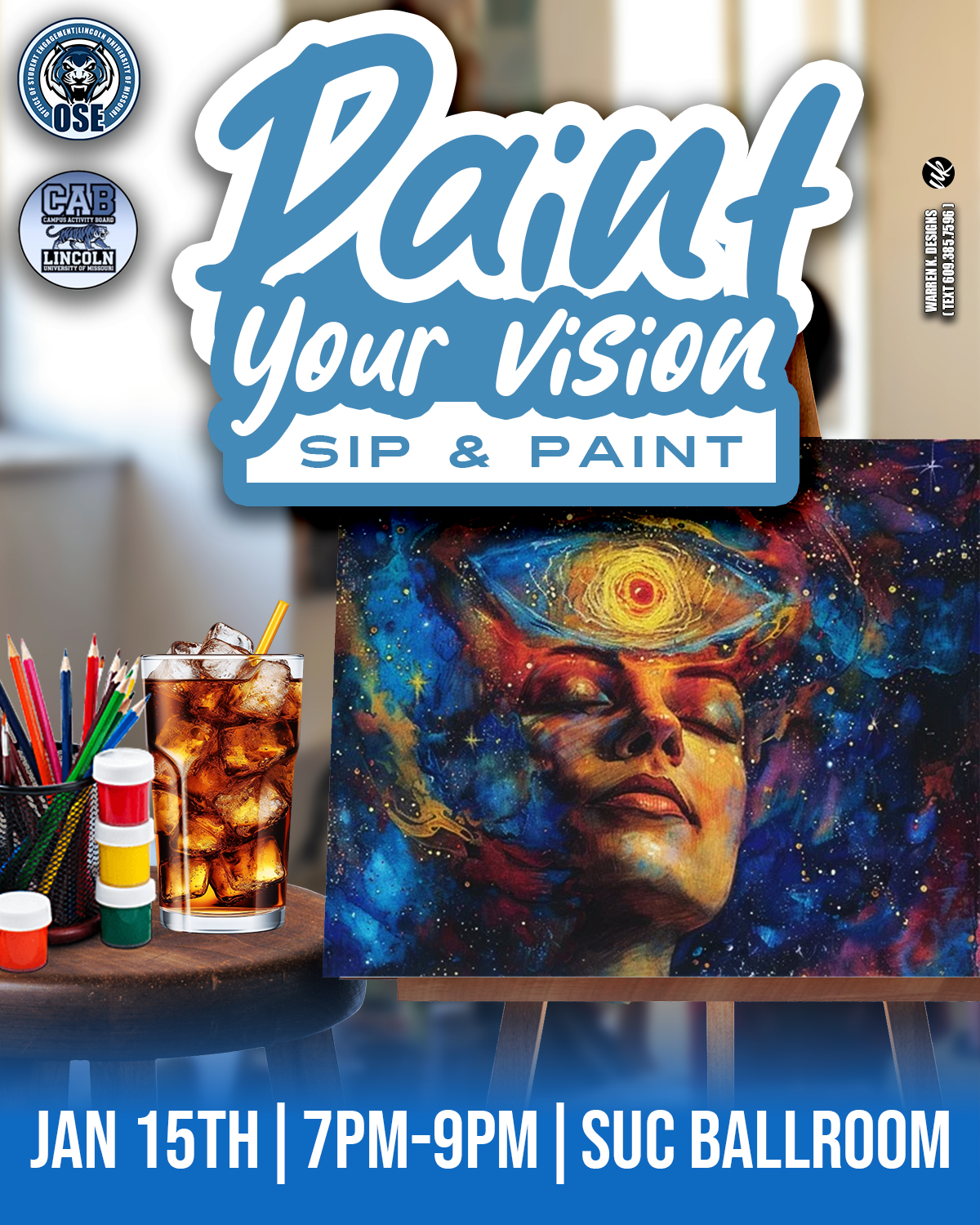 Paint Your Vision Sip & Paint event flyer with painting supplies pictured. January 15, 7-9 PM, SUC Ballroom.