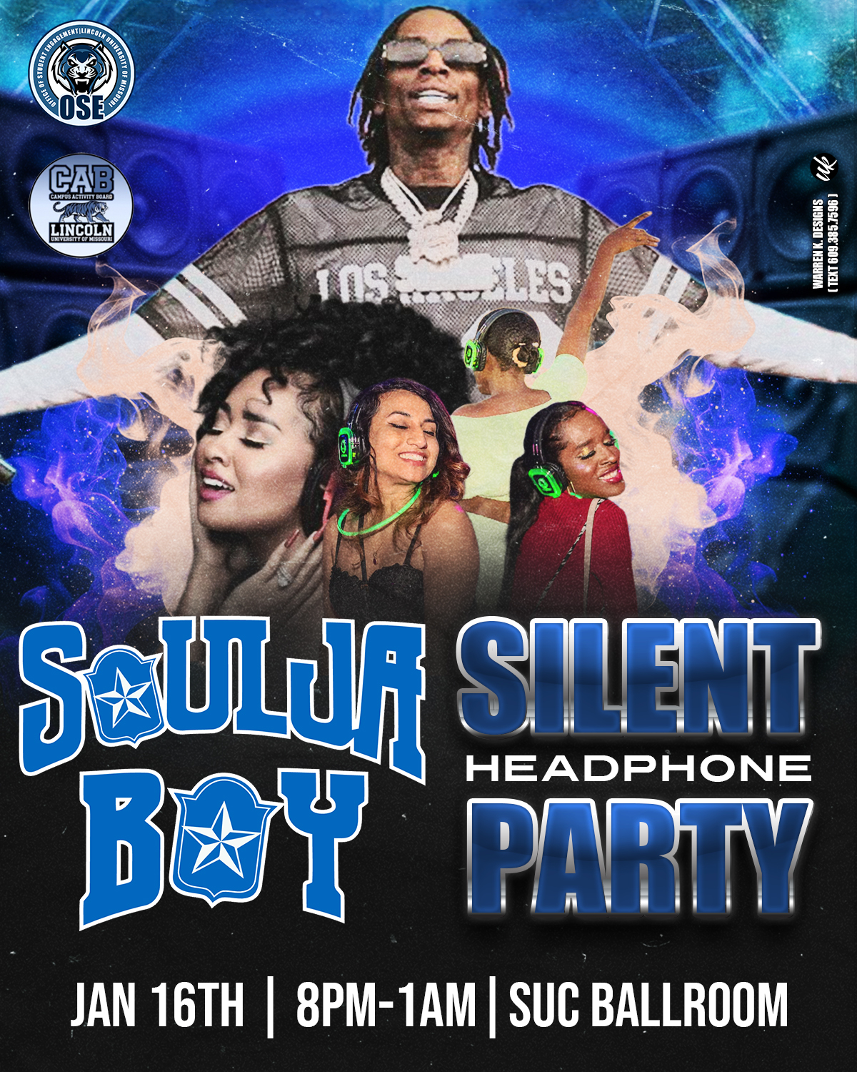 Event flyer for Soulja Boy Silent Headphone Party on Jan. 16, 8PM-12AM at SUC Ballroom with photos of people enjoying music.