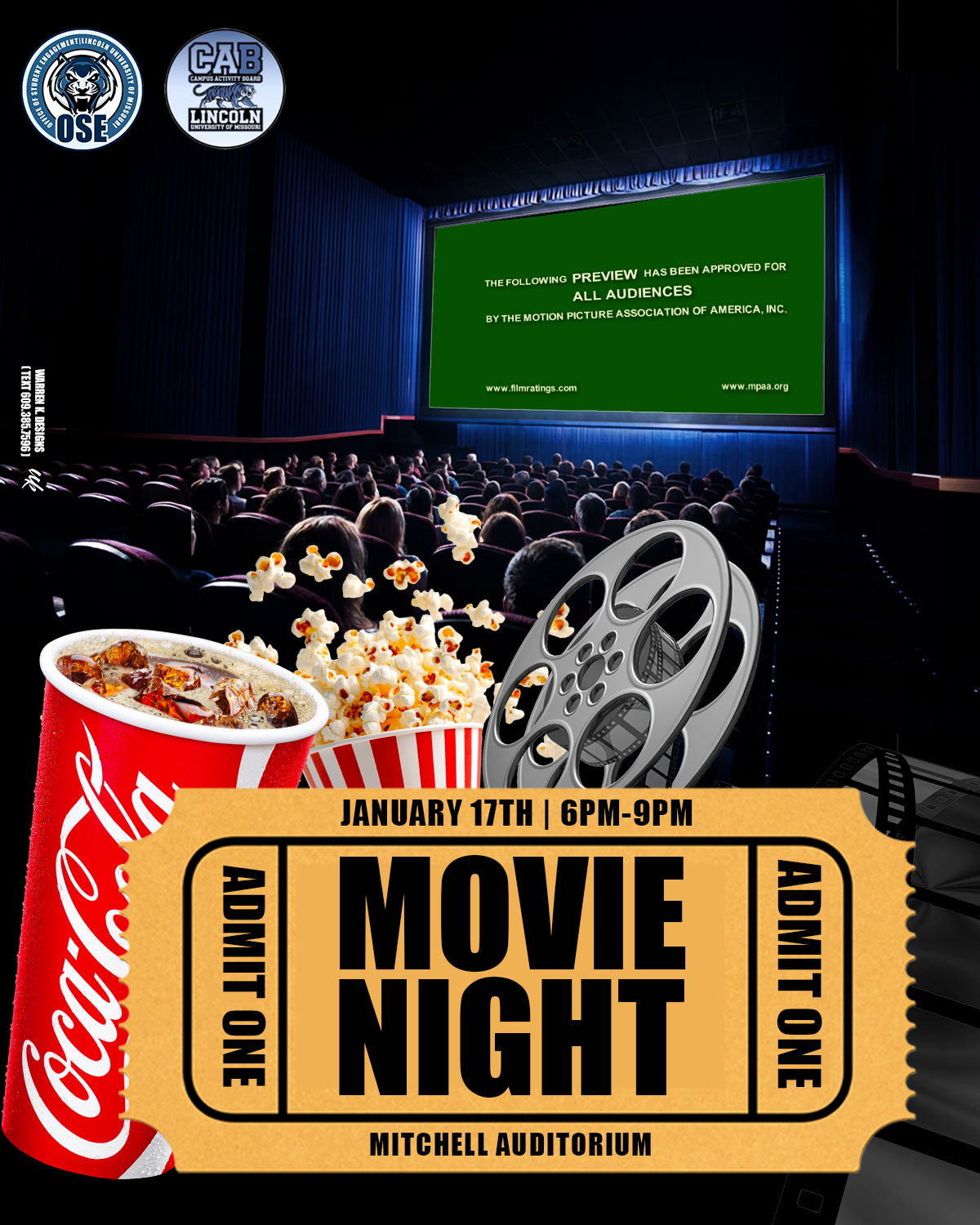 Movie Night event flyer with Coke, popcorn, film reel and theater screen & seating. Jan. 17, 6-9 PM at Mitchell Auditorium.