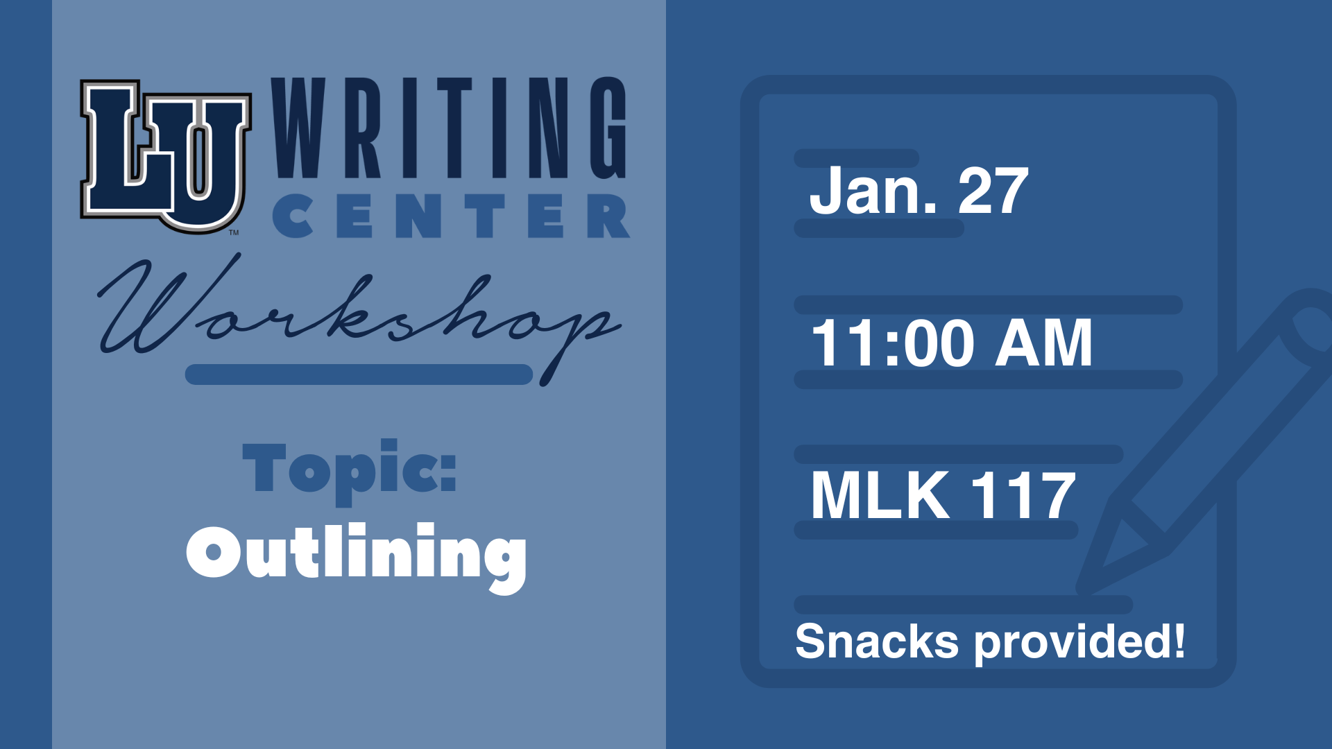 Writing Center Workshop graphic with details & topic in blue tones